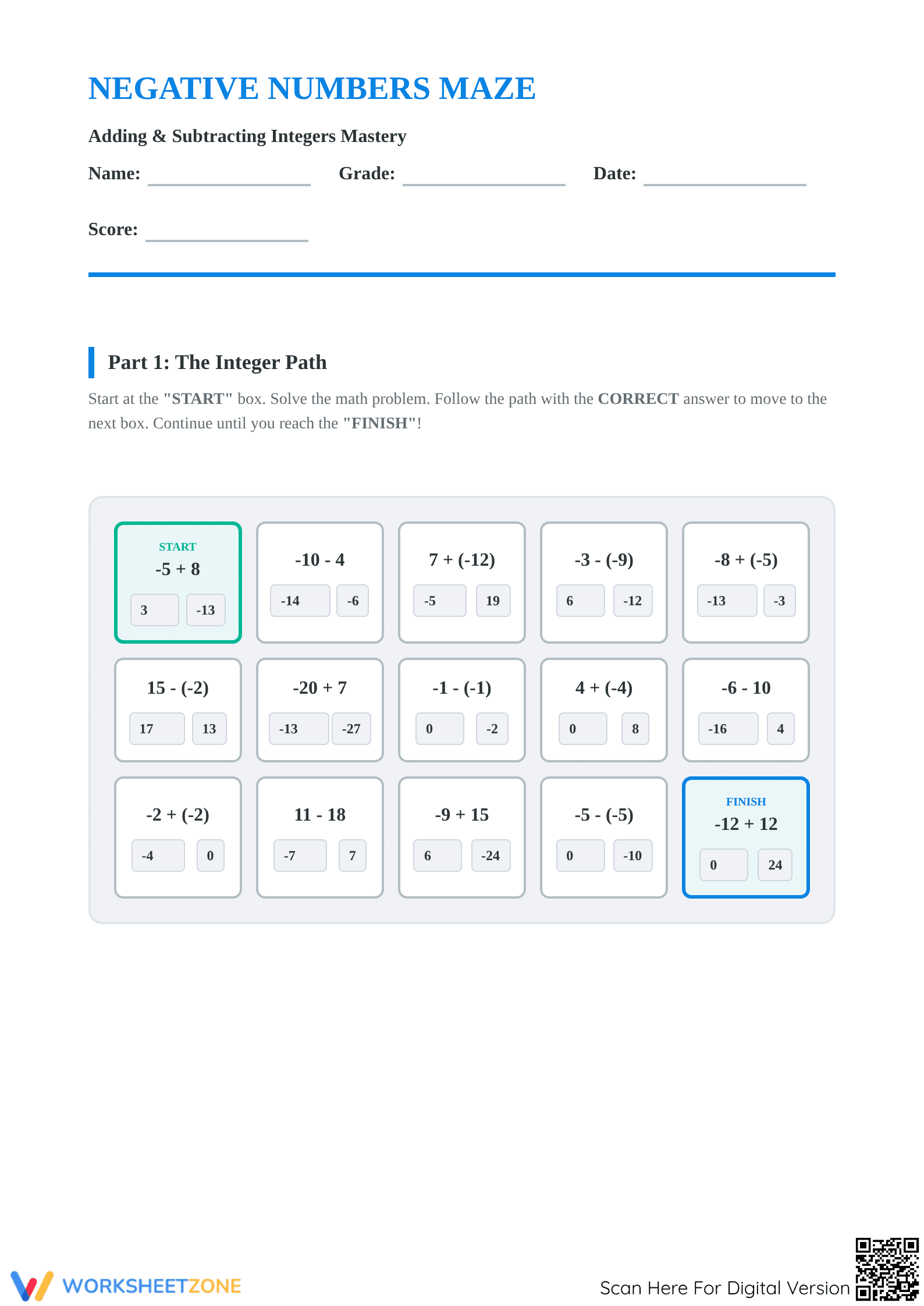 Exploring Negative Numbers Maze | Printable Grade 6 Math - Page 1