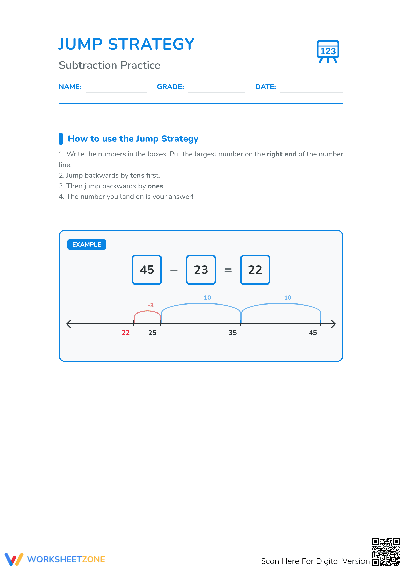 Printable Jump Strategy Subtraction Worksheet | Grade 2 Math - Page 1