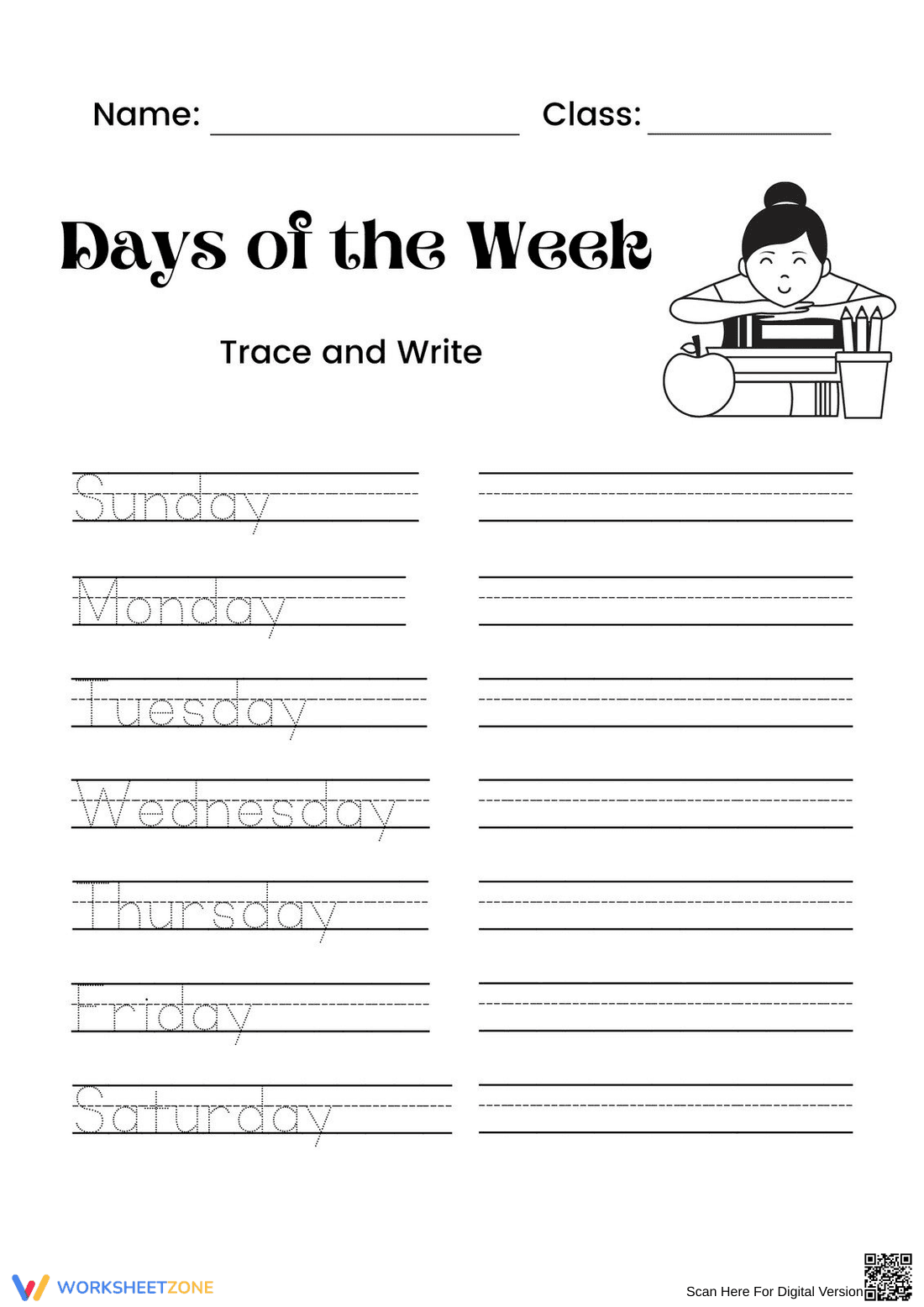 Days of the Week Tracing Worksheet | Essential Grade K - Page 1