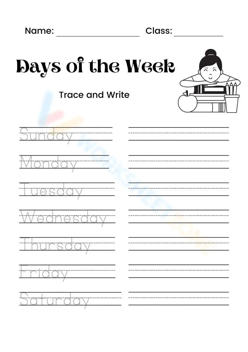 Days of the Week Tracing Worksheet | Essential Grade K - Page 1