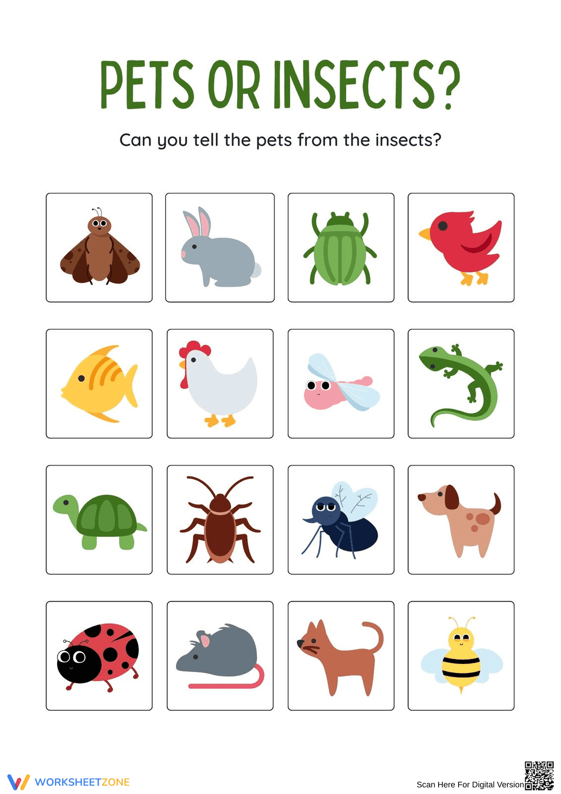 Pets or Insects Sorting Worksheet | Grade K Essential - Page 1