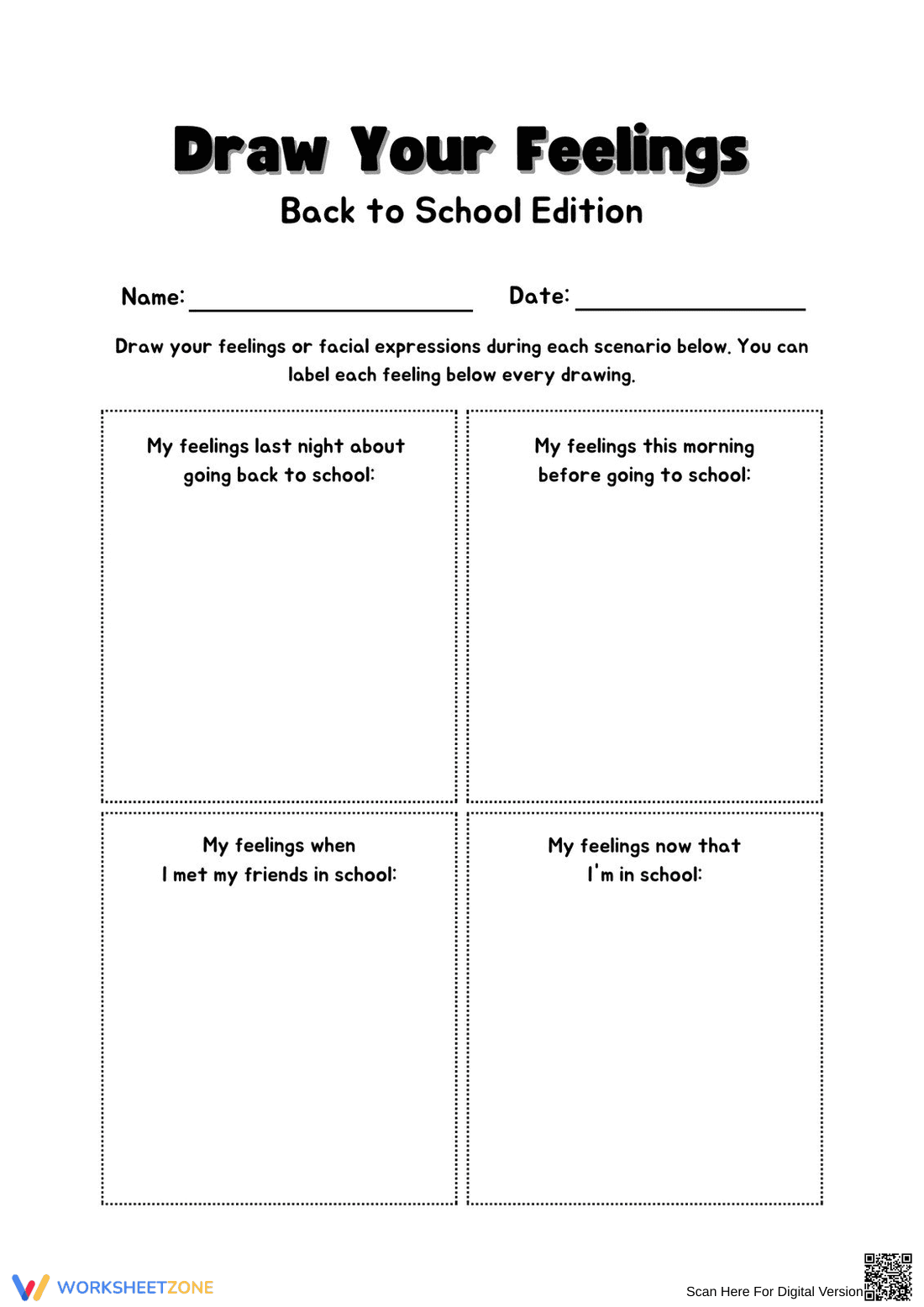 Back to School: Draw Your Feelings SEL Worksheet - Page 1