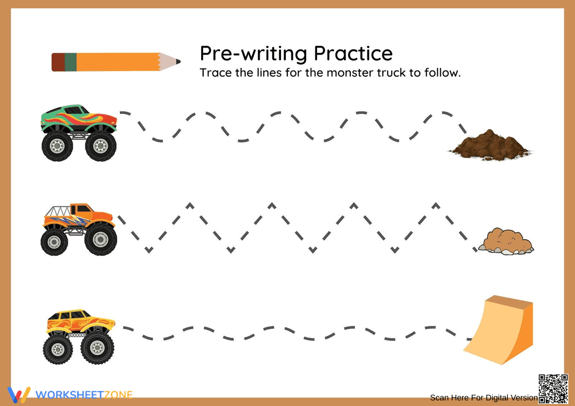 Printable Monster Truck Tracing Worksheet | Pre-K - Page 1