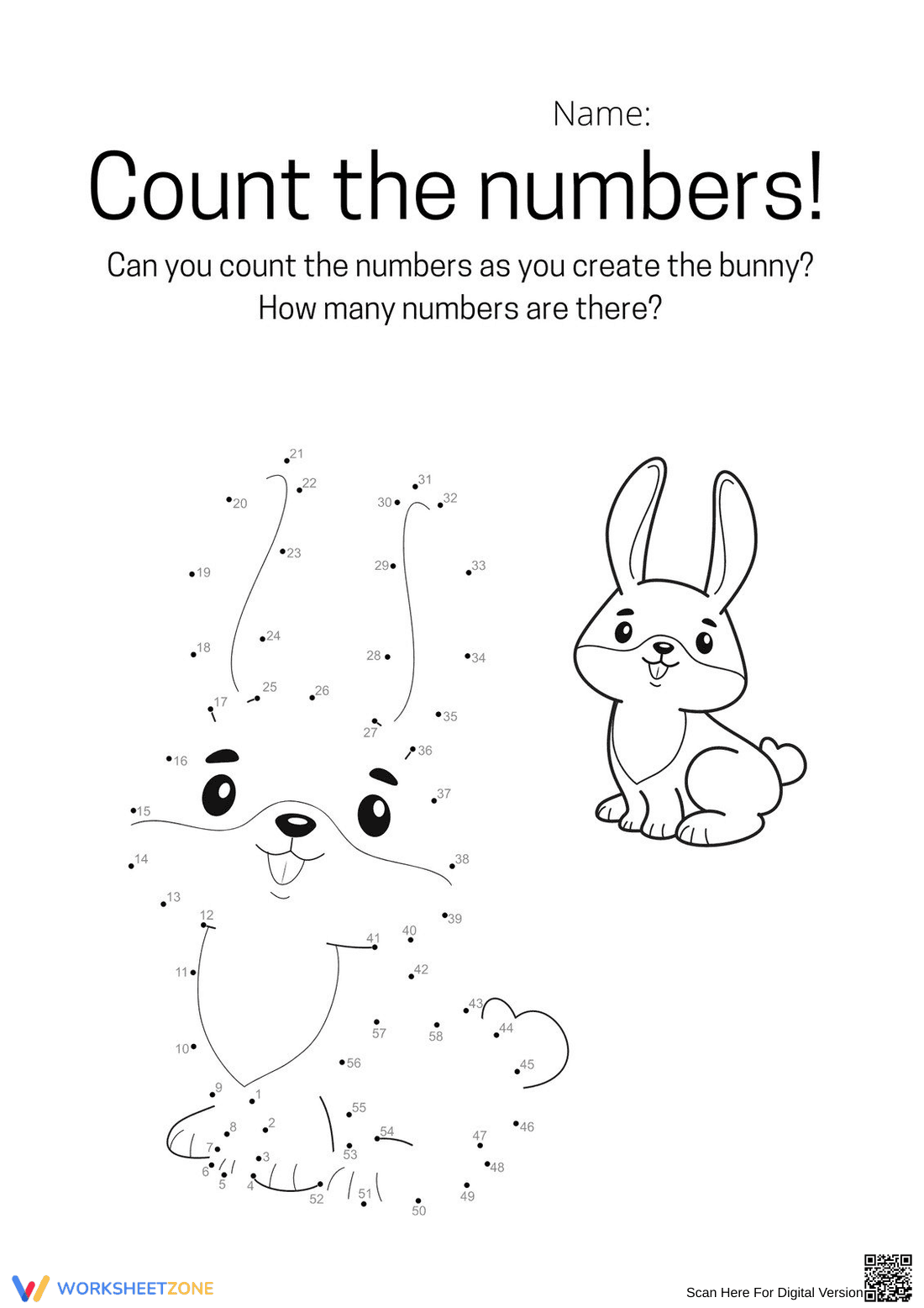 Printable Bunny Dot to Dot Worksheet | Kindergarten Math - Page 1