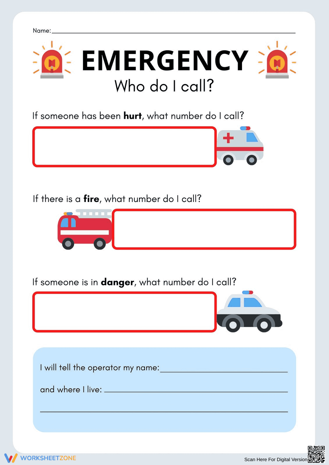 Emergency Call Worksheet | Grade K-1 Essential - Page 1