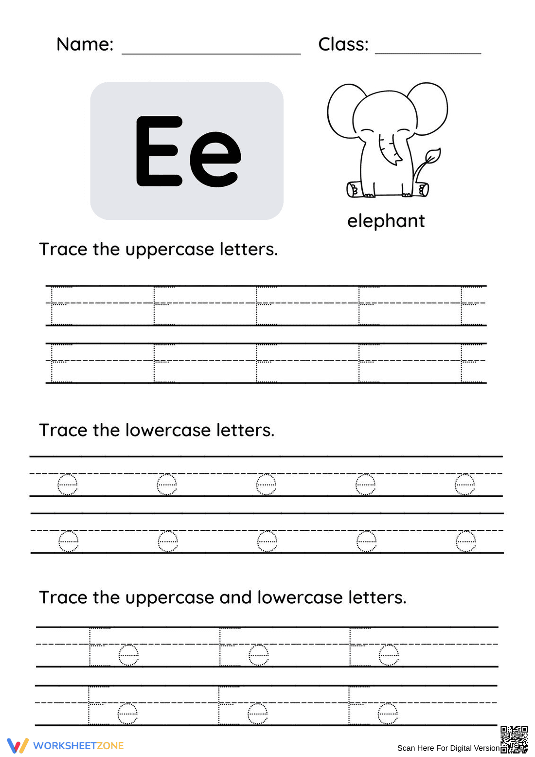 Letter E Tracing Worksheet | Printable Grade K ELA - Page 1