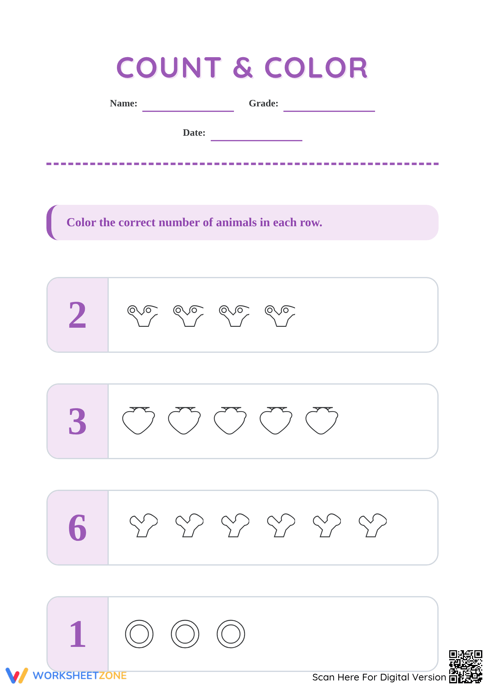 Essential Count & Color Animals Worksheet | Kindergarten - Page 1