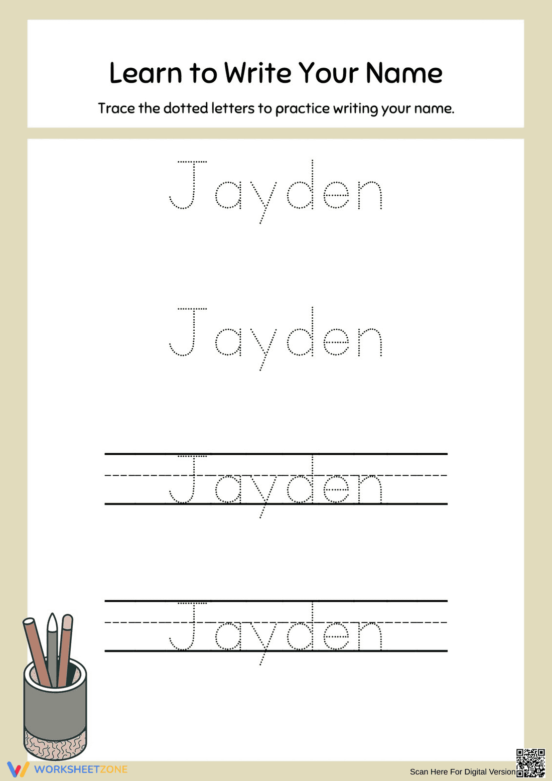 Printable Jayden Name Tracing | Grade K Handwriting - Page 1