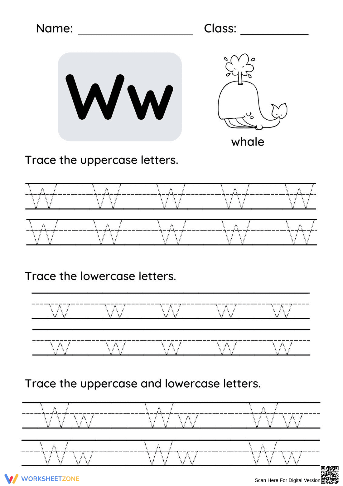 Letter W Tracing Worksheet | Grade K Printable - Page 1