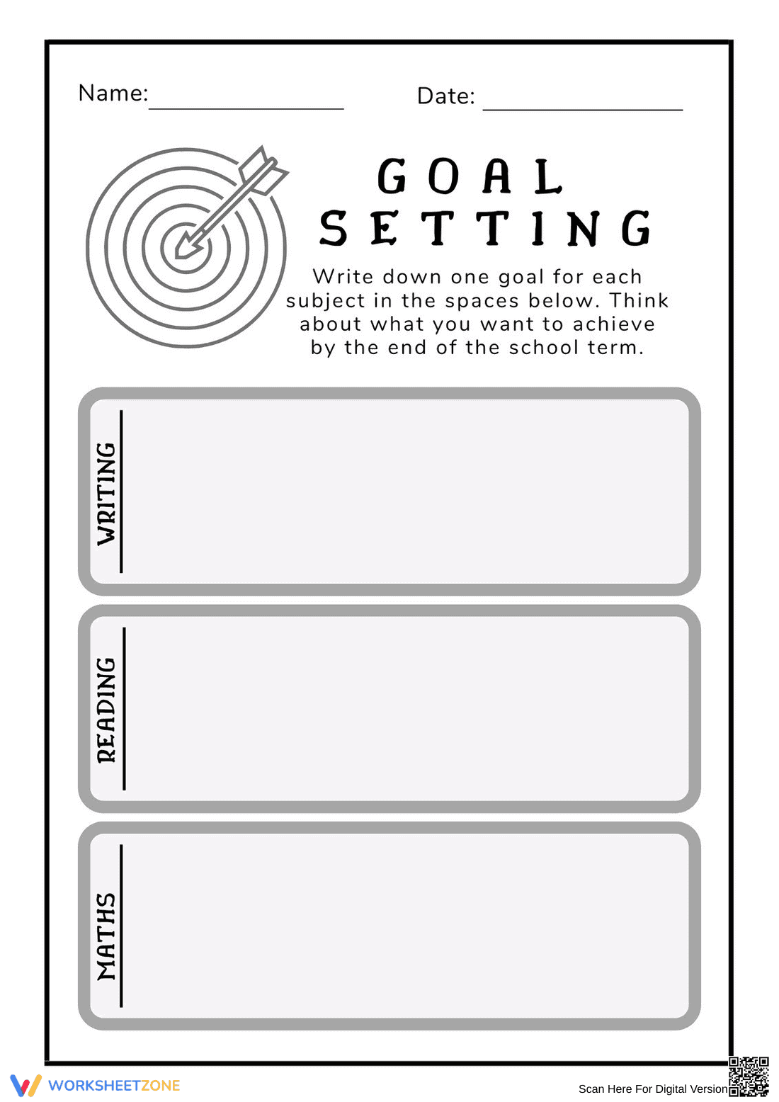 Academic Goal Setting Worksheet For Reading Writing And Math - Page 1