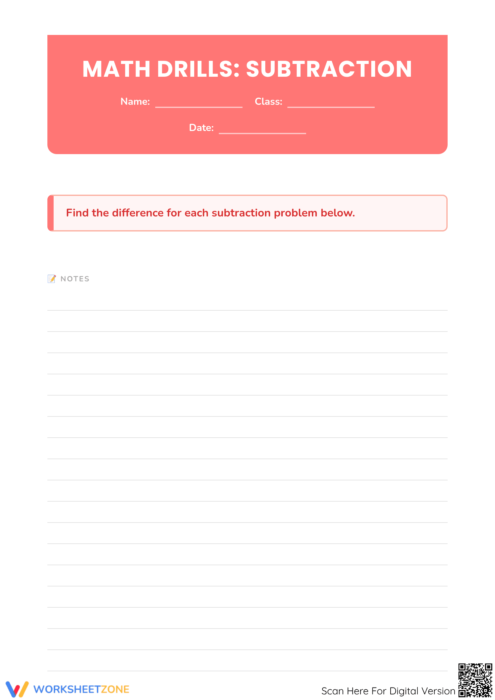 Printable Math Drills: Subtraction Worksheet | Grade 1 - Page 1