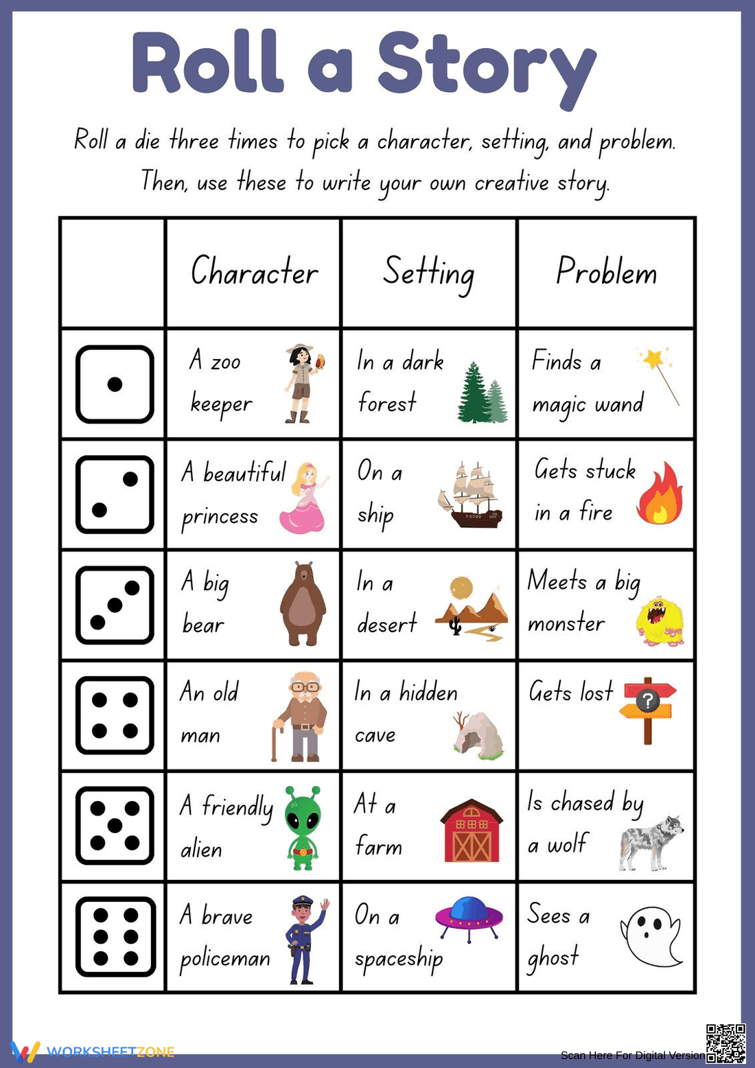 Roll a Story: Creative Writing Worksheet - Page 1