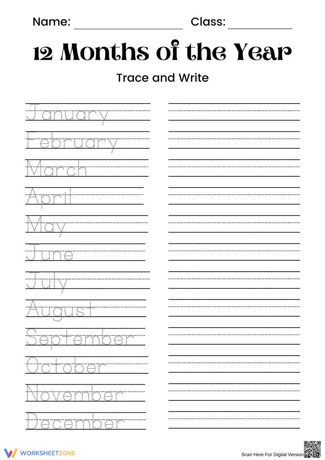 Months of the Year Tracing Worksheet | Essential Grade K - Page 1