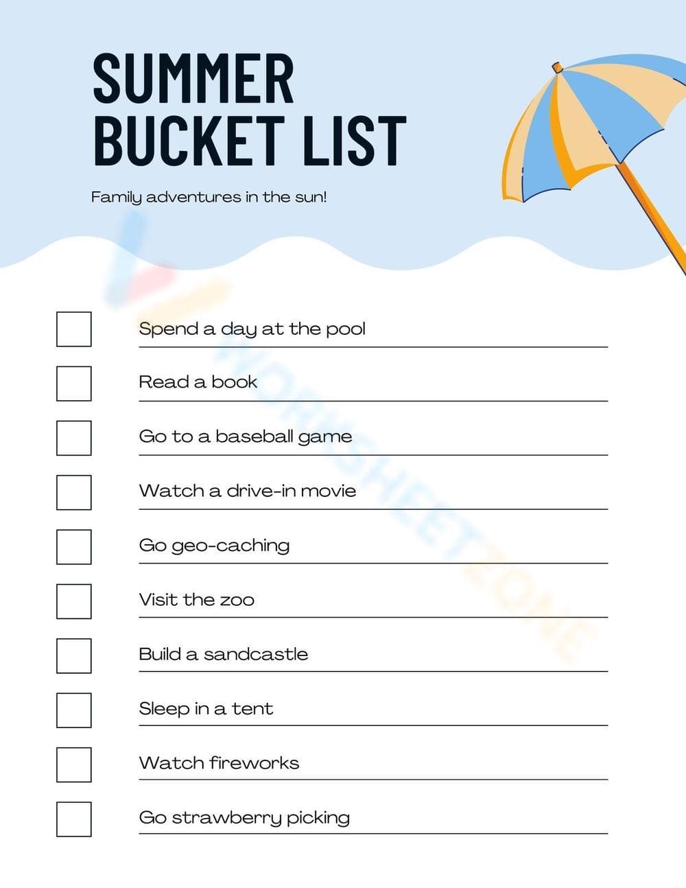 Fun Family Activity: Summer Bucket List Worksheet - Page 1