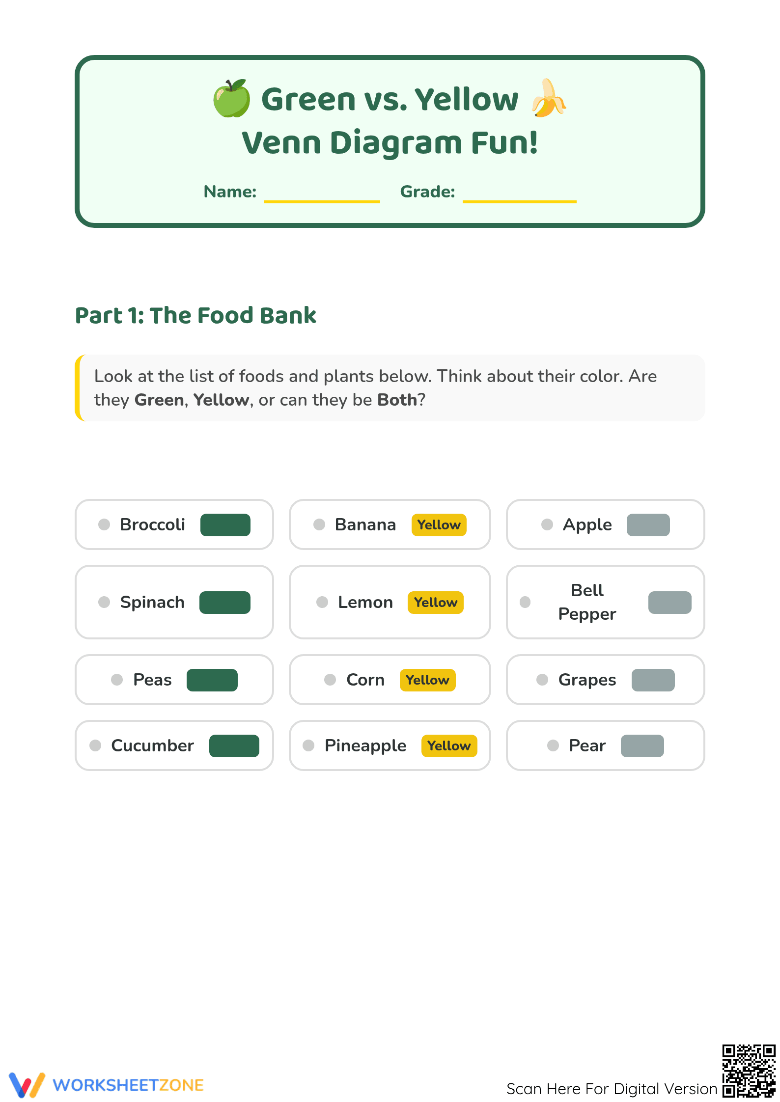 Green and Yellow Food Sorting Worksheet | Grade K Printable - Page 1