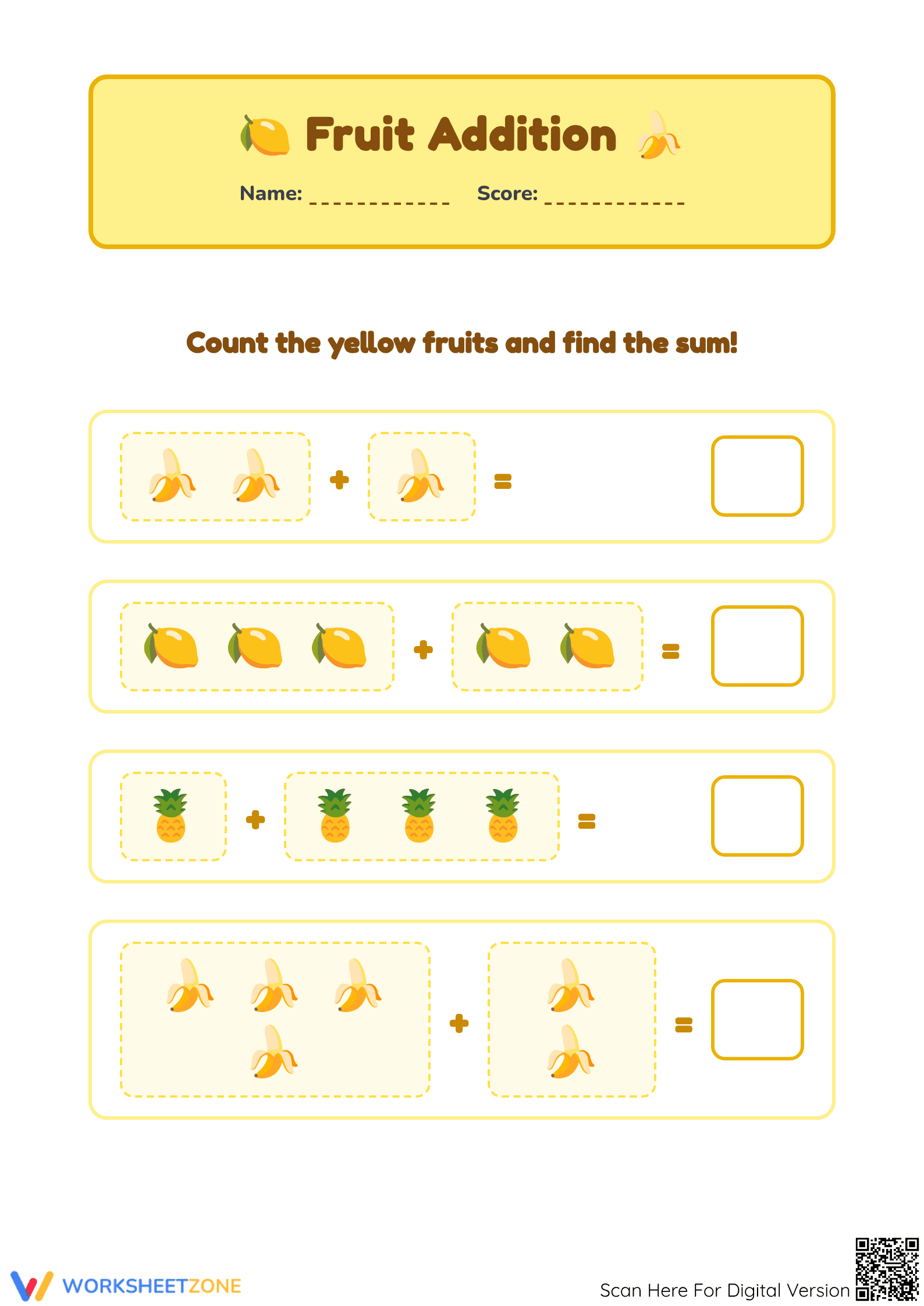 Grade K Yellow Fruit Addition — Printable No-Prep Worksheet - Page 1