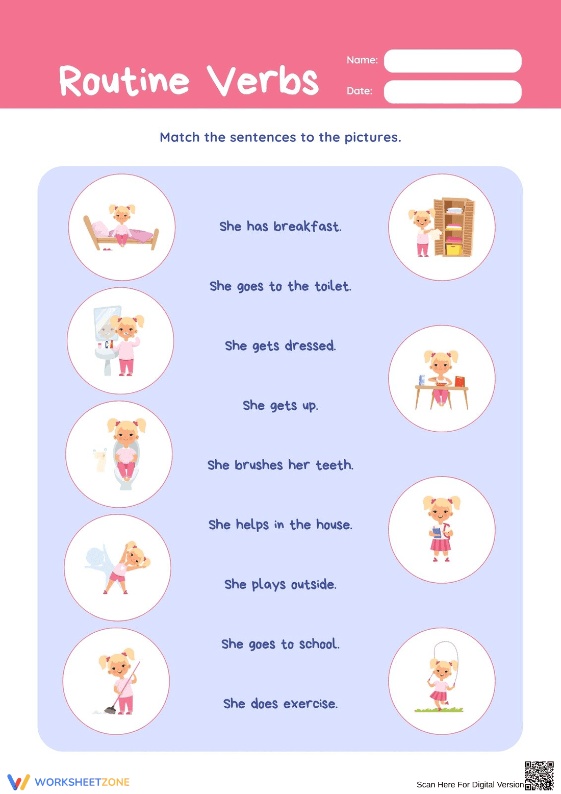 Grade 1 Routine Verbs Printable Worksheet - Page 1