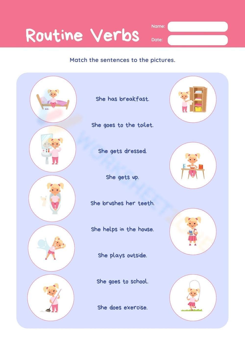 Grade 1 Routine Verbs Printable Worksheet - Page 1