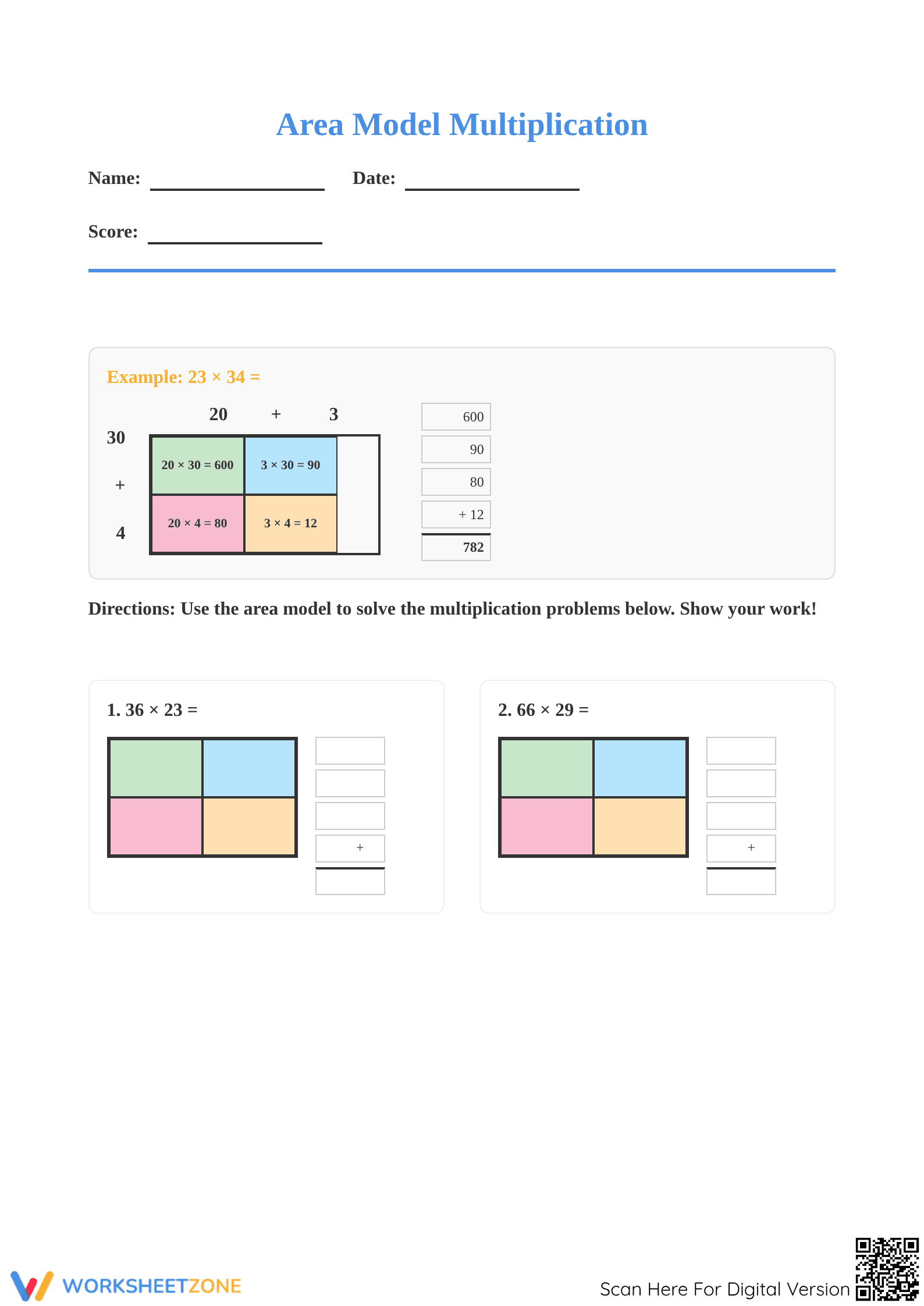 Area Model Multiplication Worksheet | Printable Grade 4 Math - Page 1