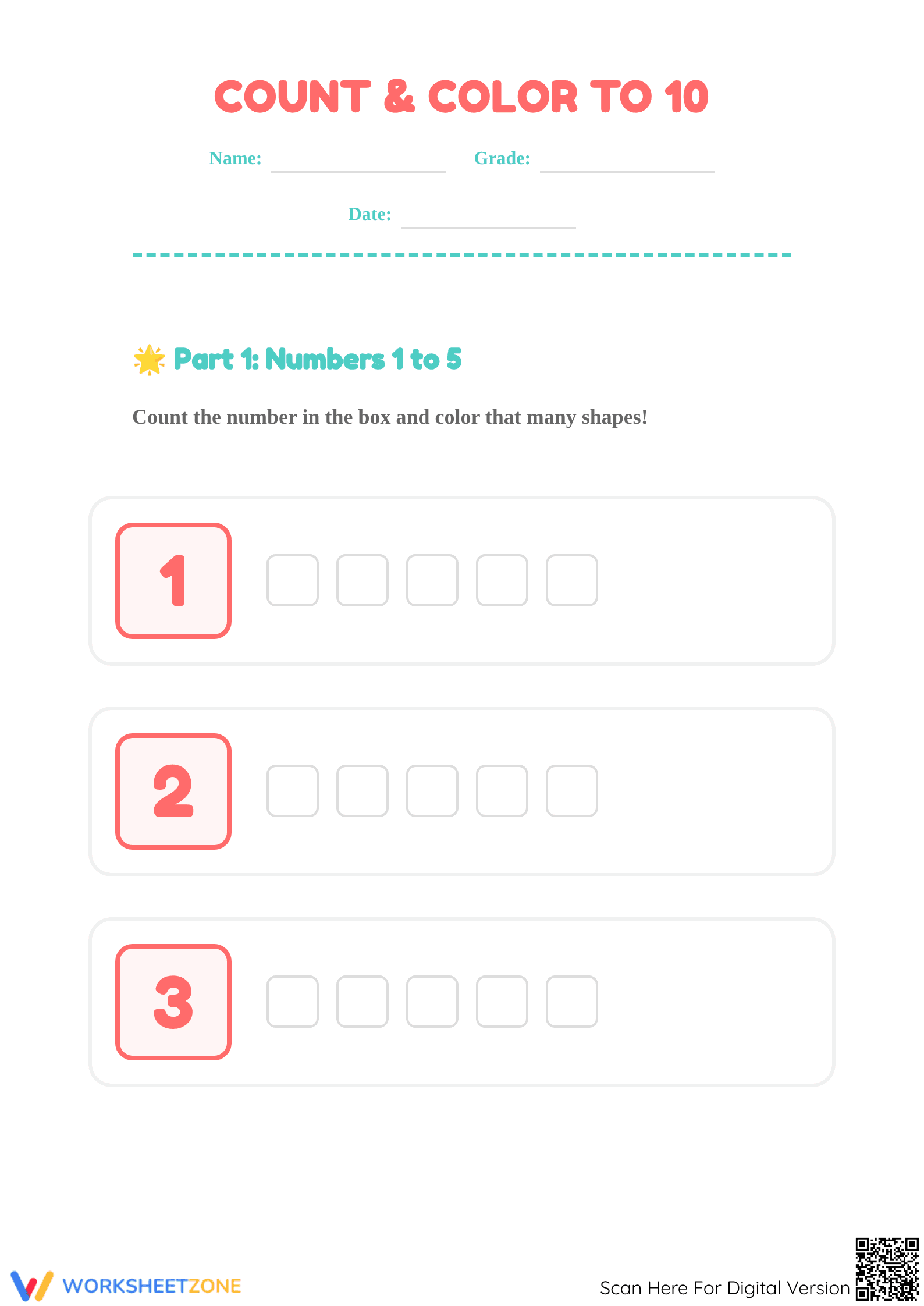 Printable Count and Color to 10 Worksheet | Grade K Math - Page 1