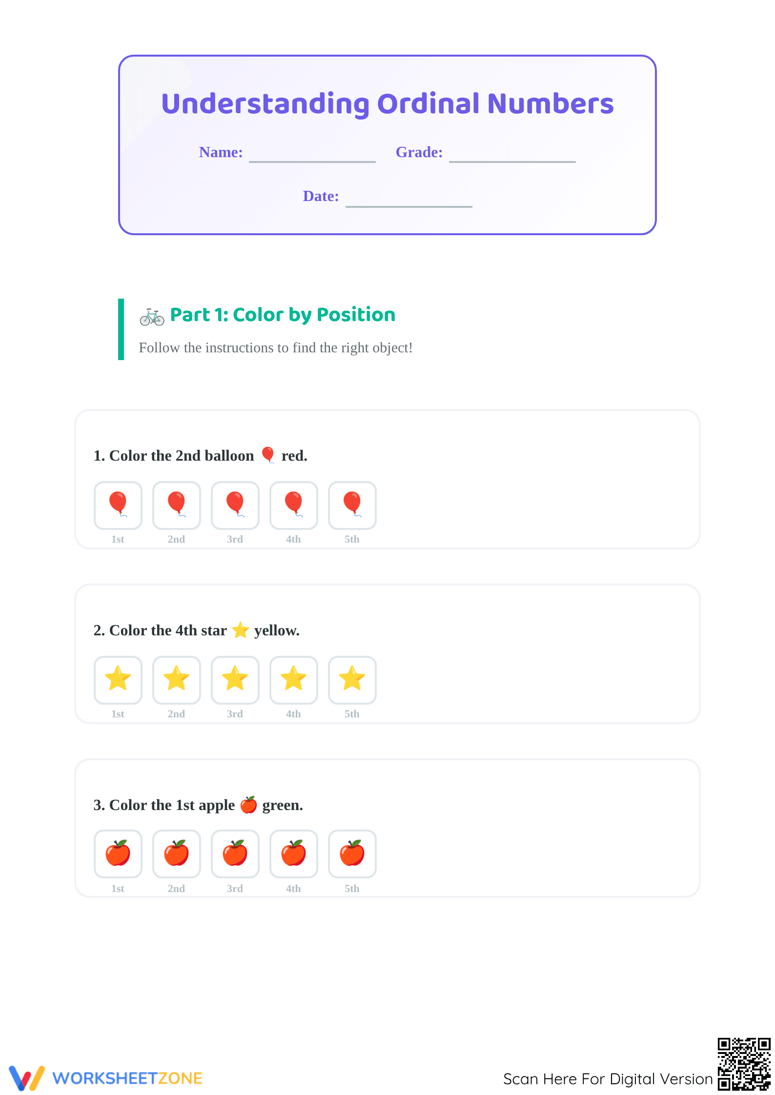 Ordinal Numbers Worksheet | Grade 1 Printable Essential - Page 1