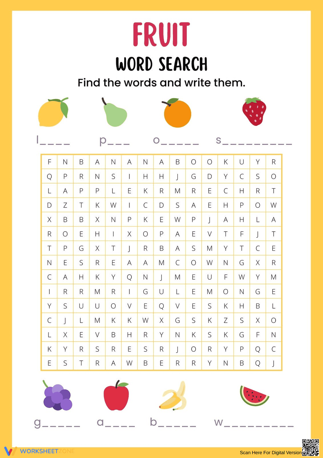Fruit Word Search Worksheet | Grade 1 Essential - Page 1
