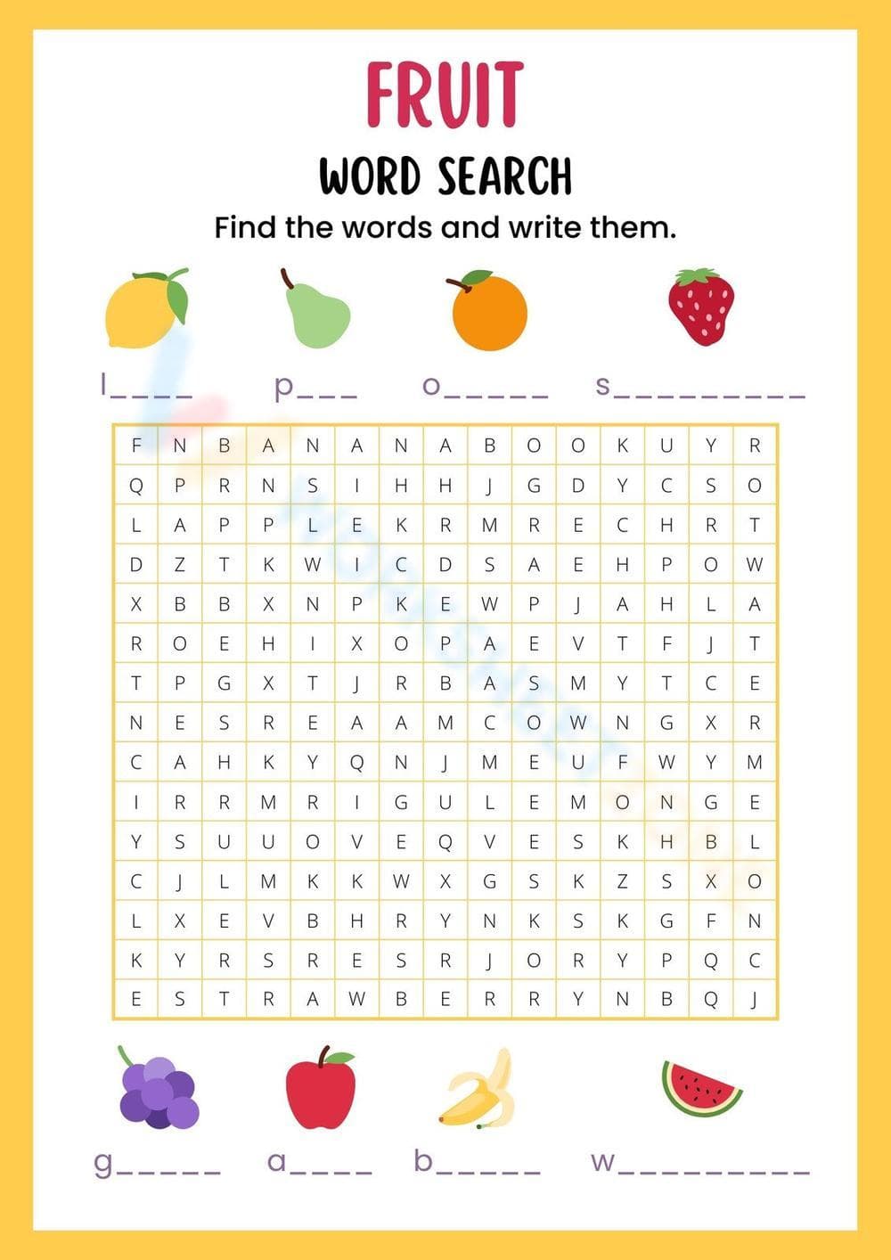 Illustrative Colourful Fruit Word Search English Vocabulary Puzzle - Page 1