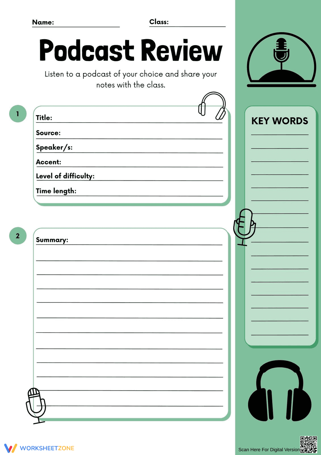 Podcast Review Worksheet | Grade 6 ELA Printable - Page 1