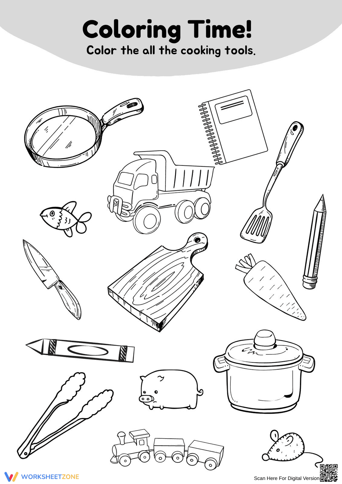Printable Cooking Tools Coloring Worksheet | Grade K - Page 1