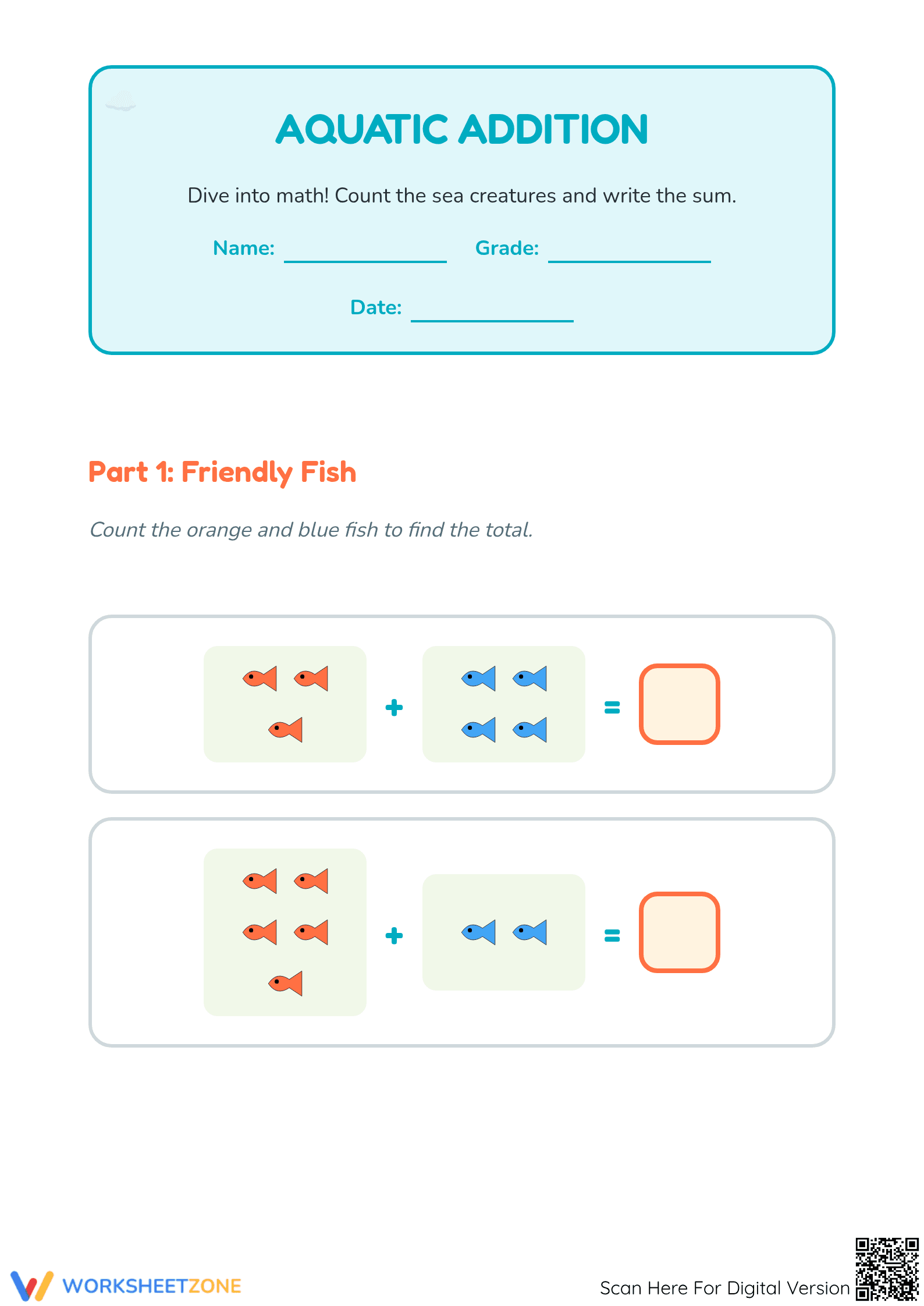 Printable Kindergarten Aquatic Addition Math Worksheet - Page 1