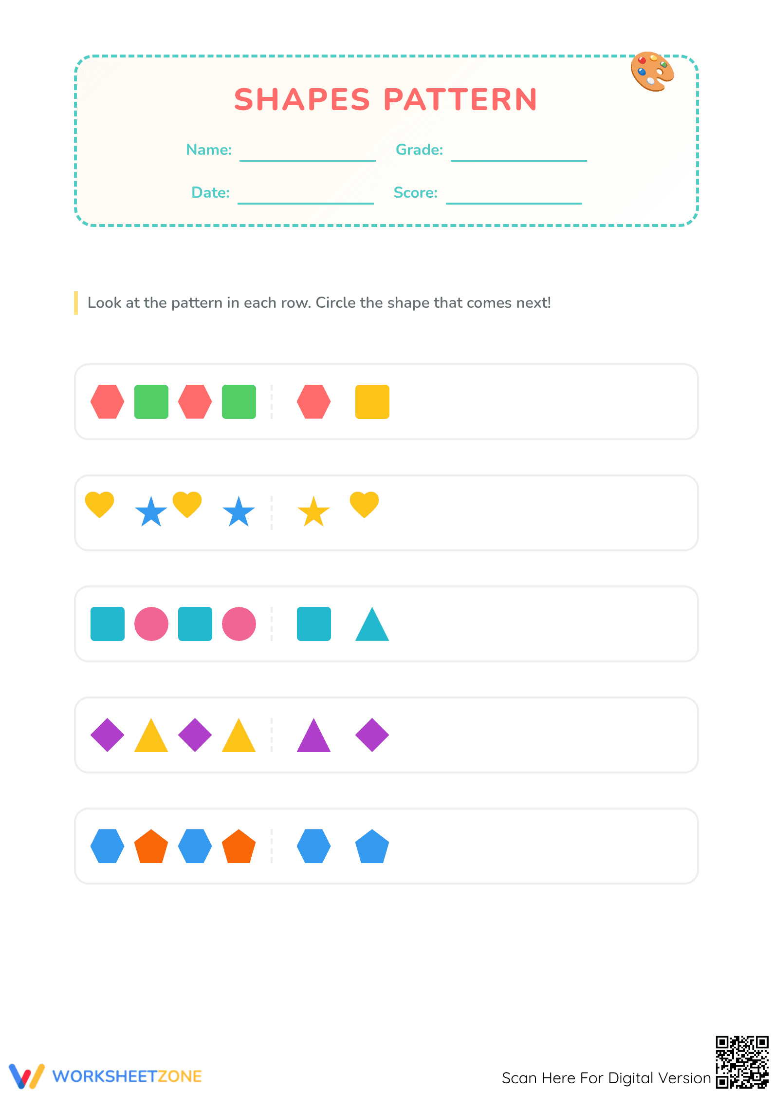 Printable Shapes Pattern Worksheet | Grade K Math - Page 1