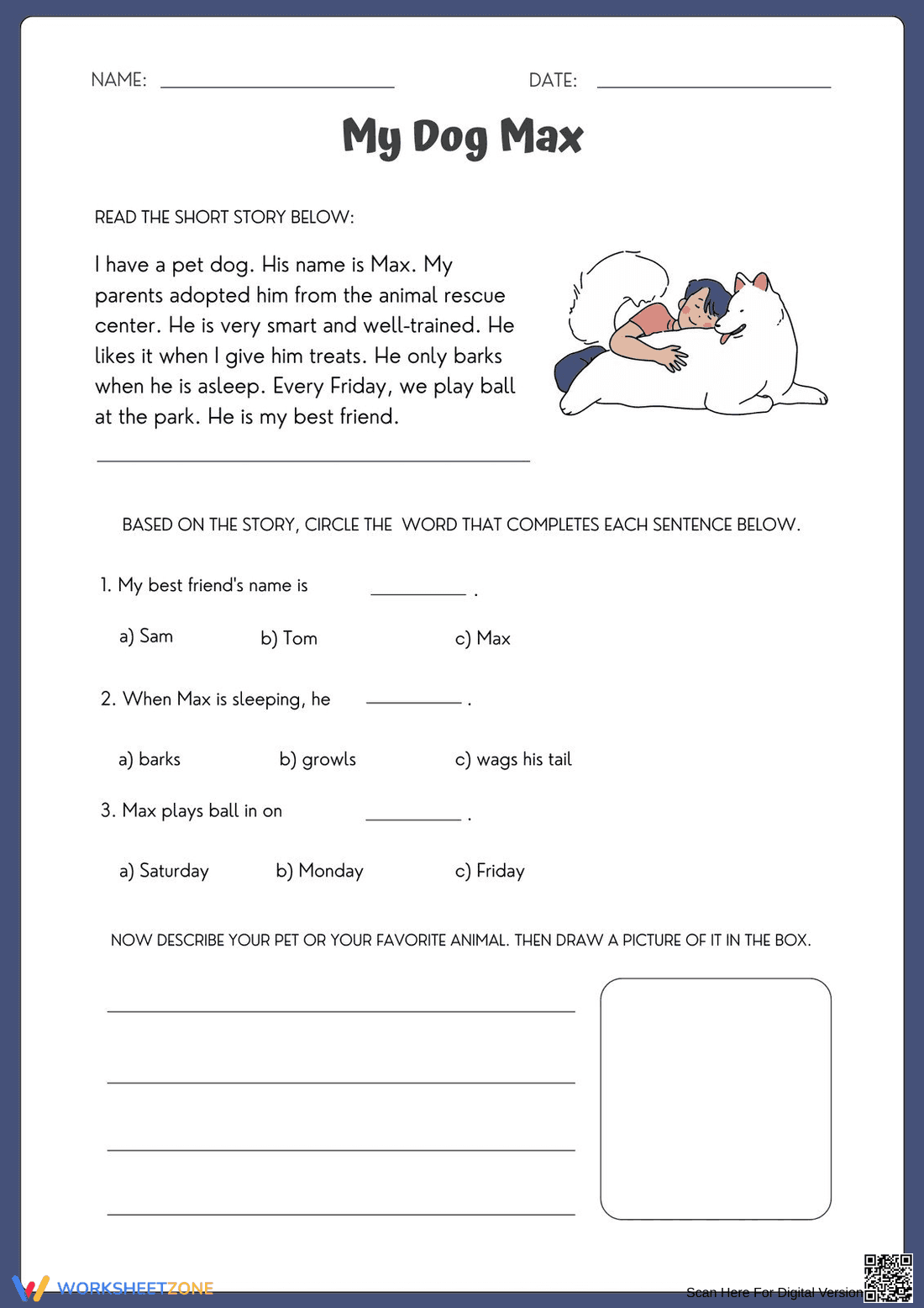 'My Dog Max' Reading Worksheet | Grade 1 Essential - Page 1