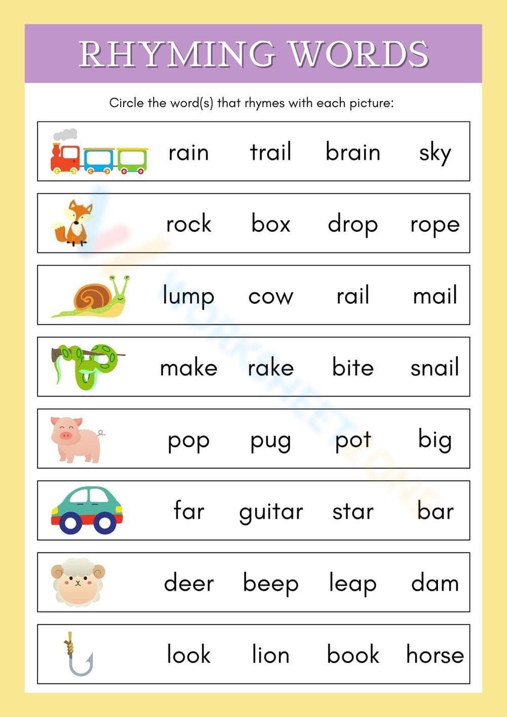 Rhyming Words Picture Matching Worksheet - Page 1