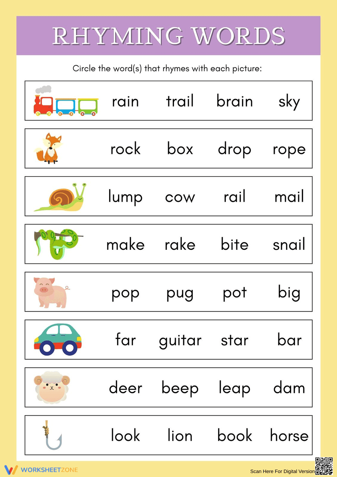 Rhyming Words Picture Matching Worksheet - Page 1