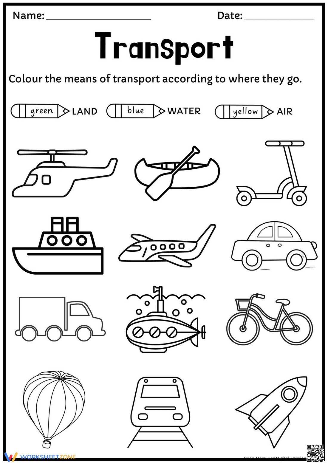 Transport Coloring Worksheet | Essential Grade K Ready - Page 1