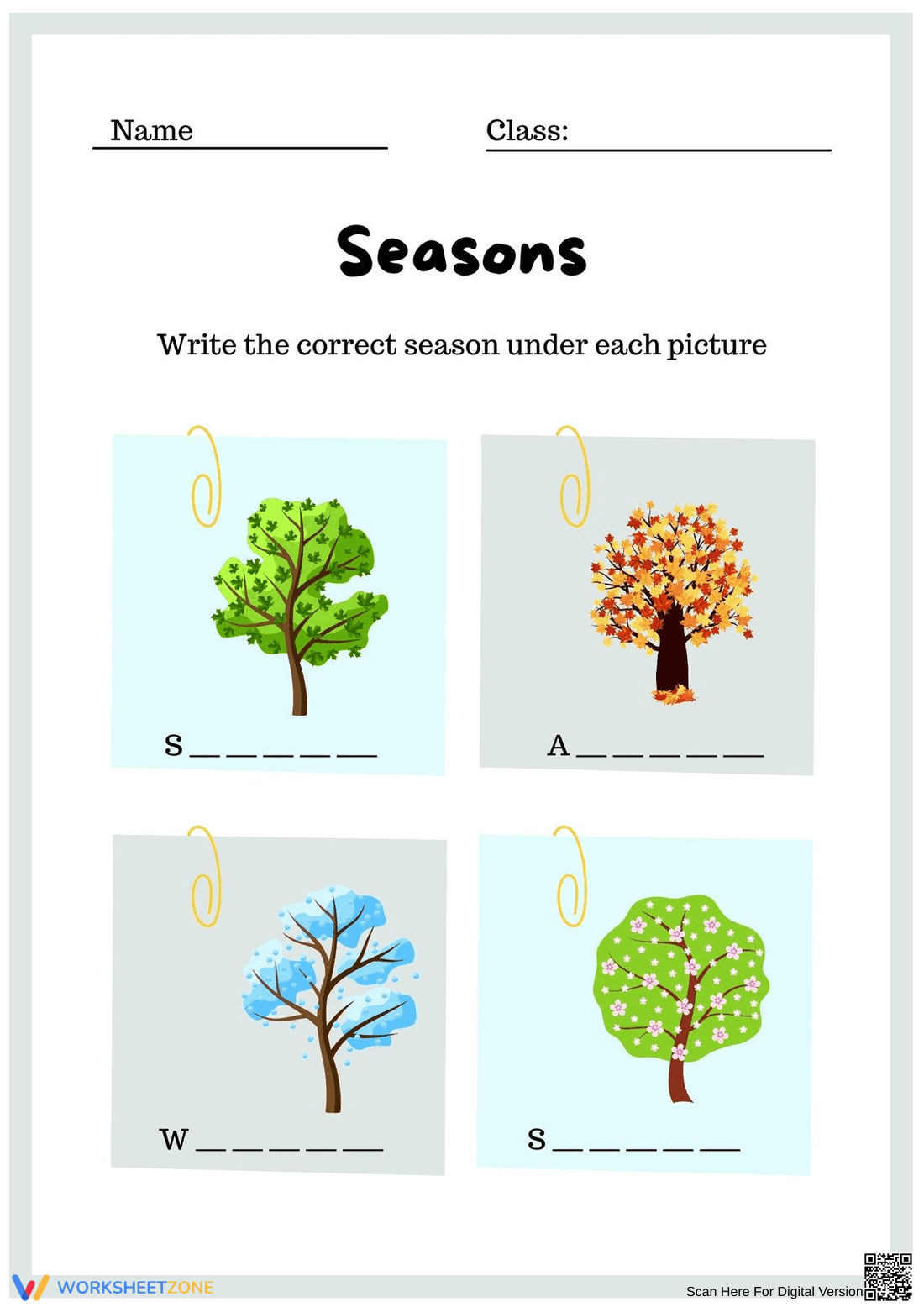 Grade 1 Seasons Vocabulary — Printable No-Prep Worksheet - Page 1