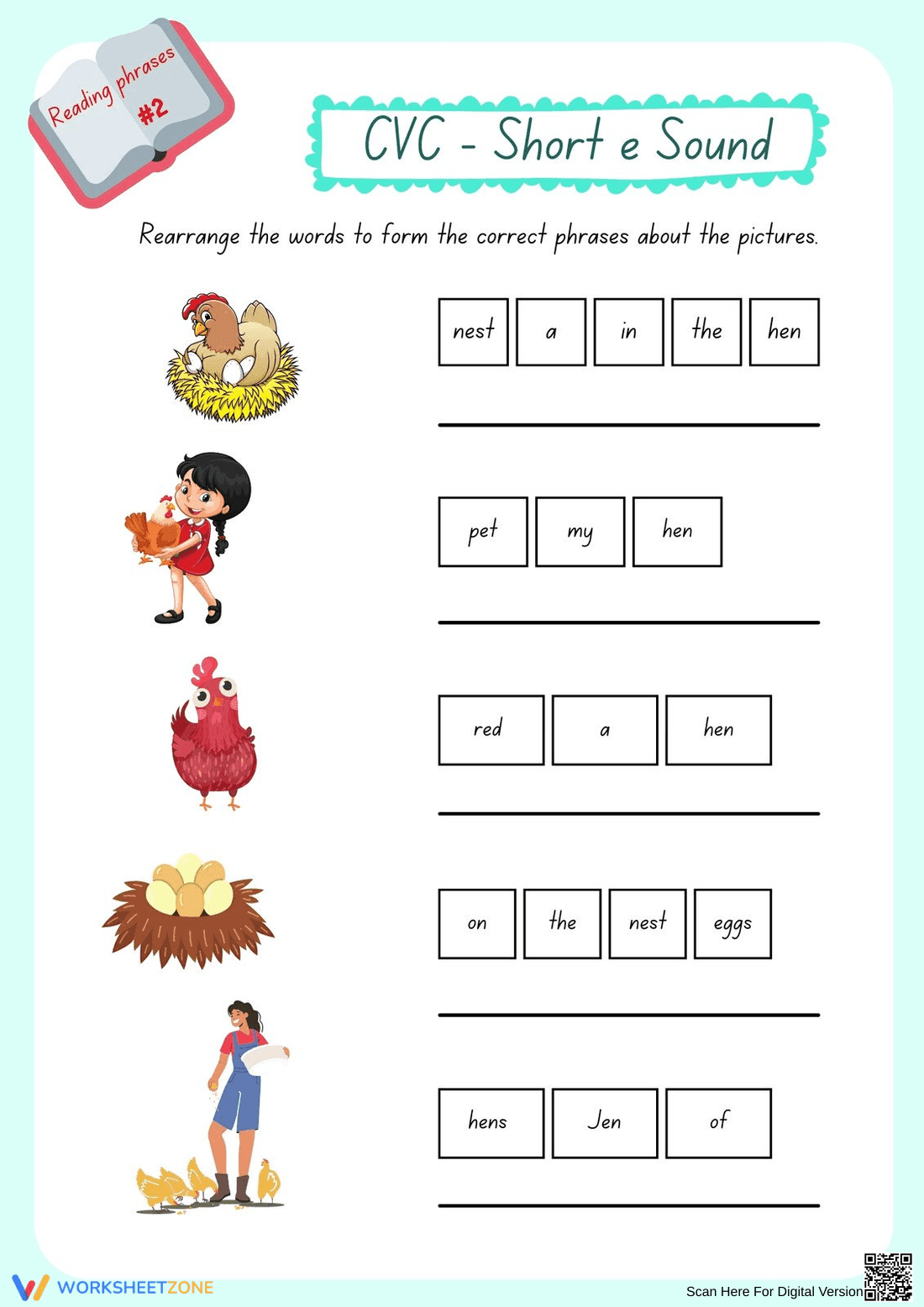 Grade 1 Short E CVC Phrases — Printable No-Prep Worksheet - Page 1