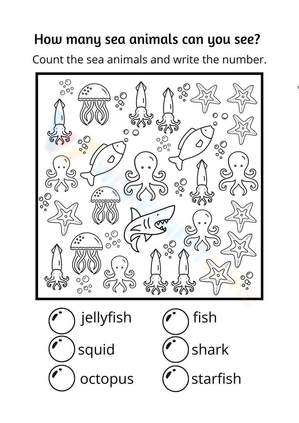 Black and White Education Printable Counting Sea Animals Worksheet - Page 1