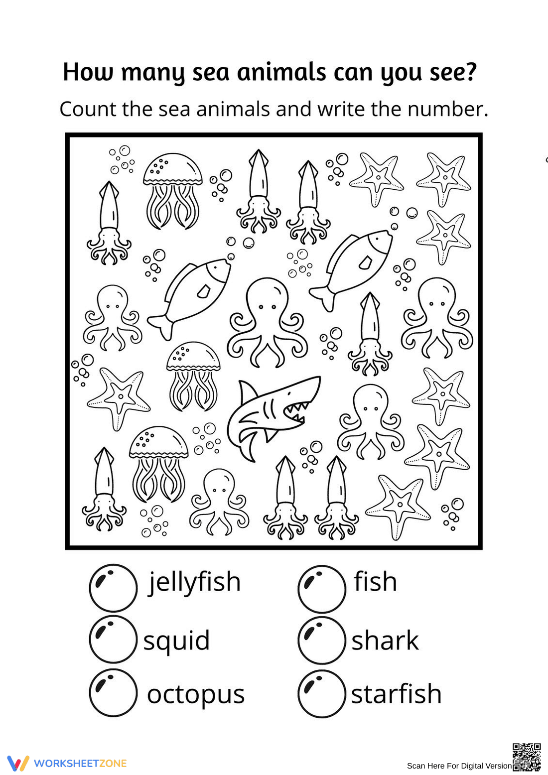 Counting Sea Animals Worksheet | Essential Grade K Math - Page 1