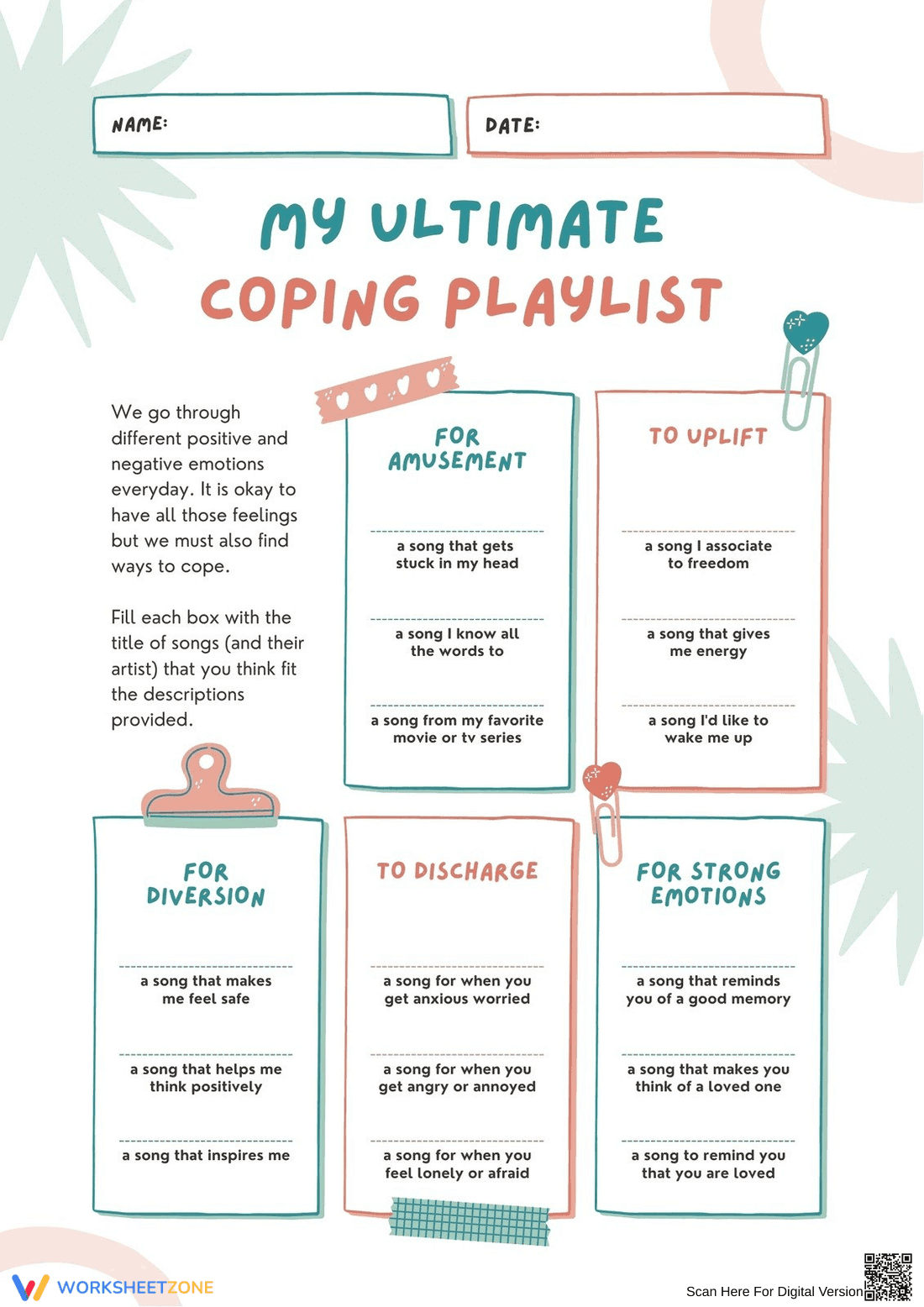 Coping Playlist SEL Worksheet | Grade 8 Printable - Page 1