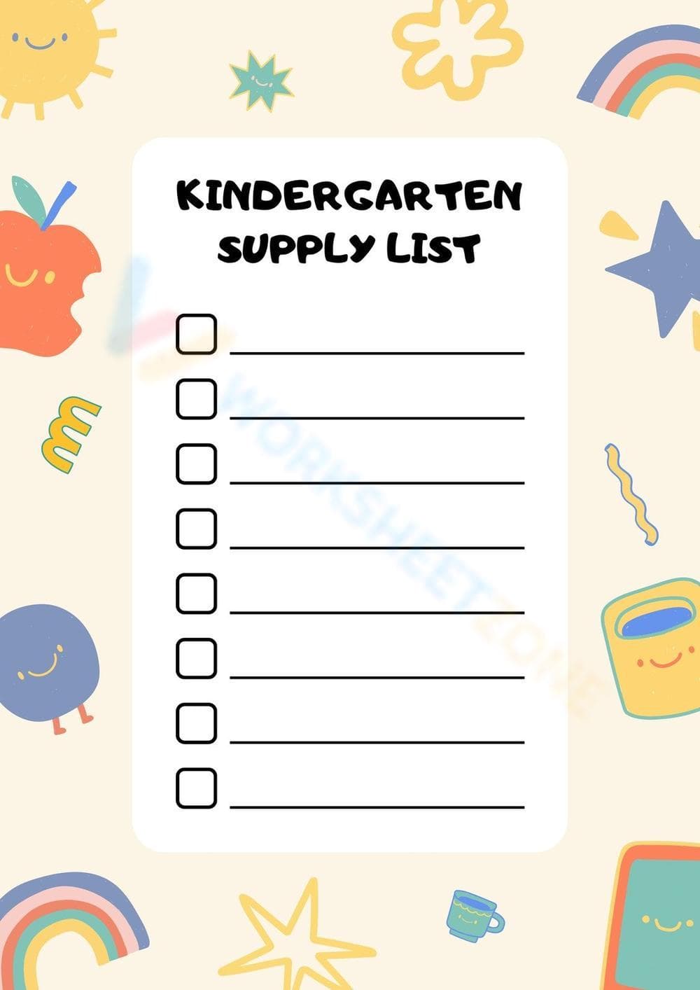 Kindergarten Supply List Worksheet - Page 1