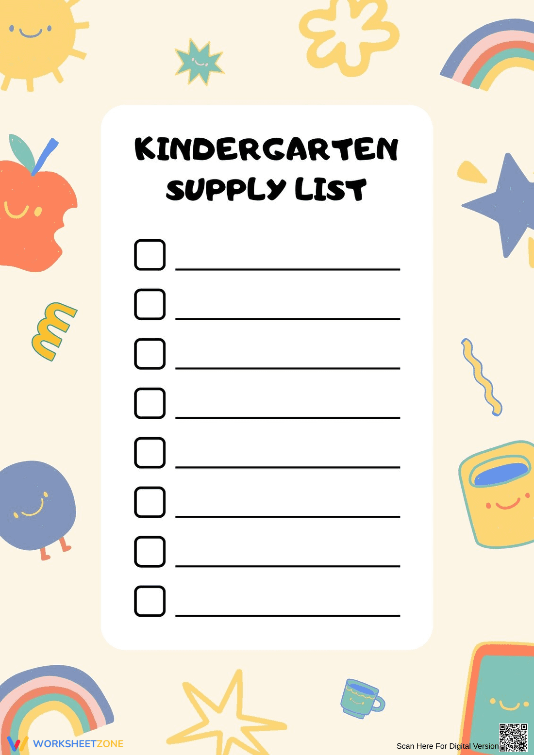 Kindergarten Supply List Worksheet - Page 1
