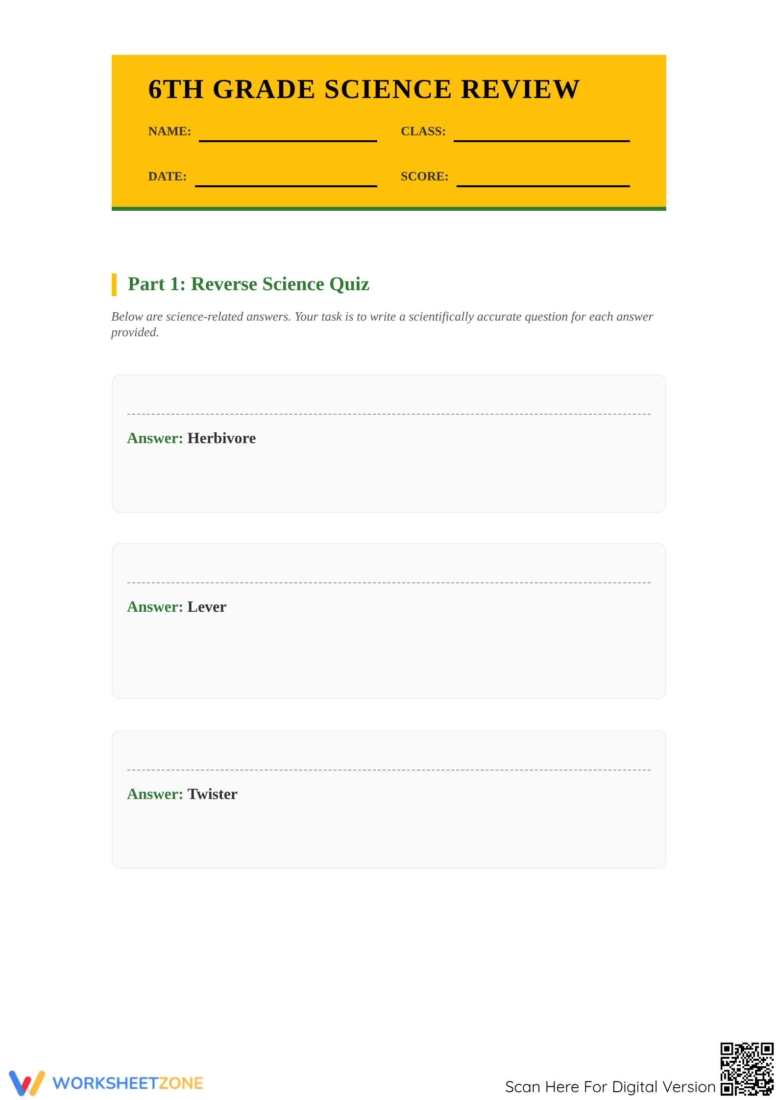 Printable 6th Grade Science Review & Comprehensive Quiz - Page 1