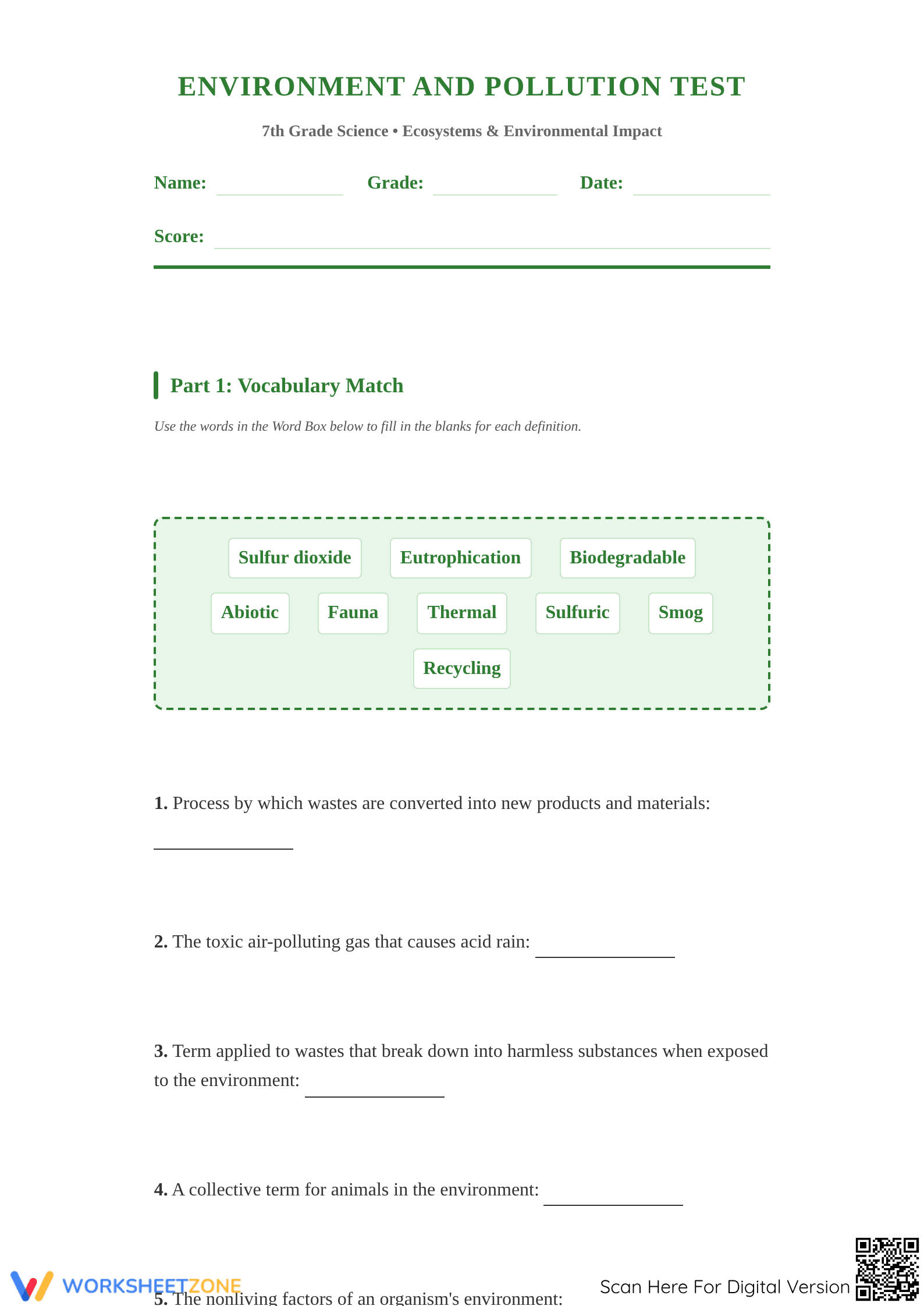 MS-ESS3-3 Aligned Worksheet: Environment & Pollution - Page 1