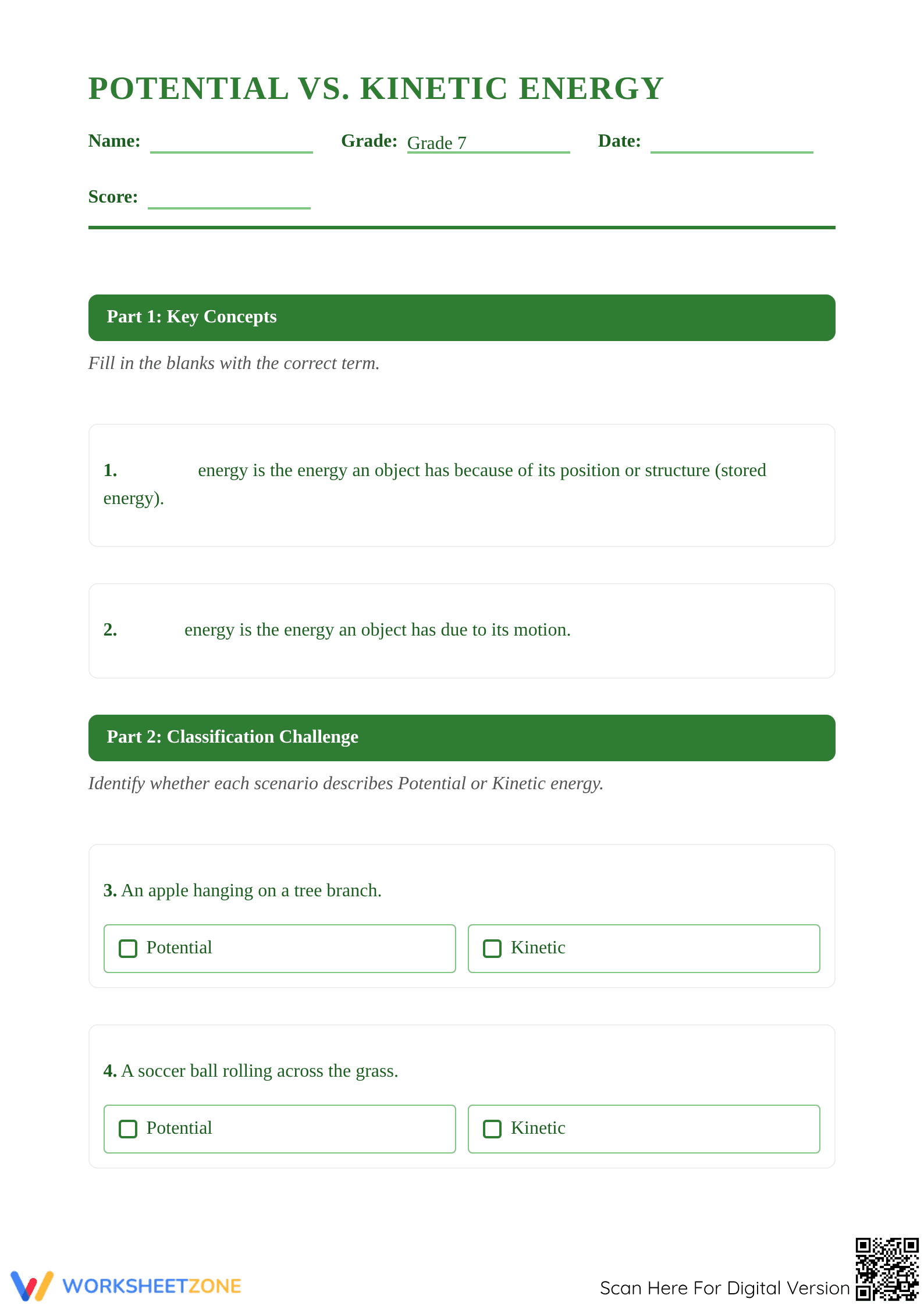 Essential Potential vs. Kinetic Energy Worksheet | Grade 7 - Page 1