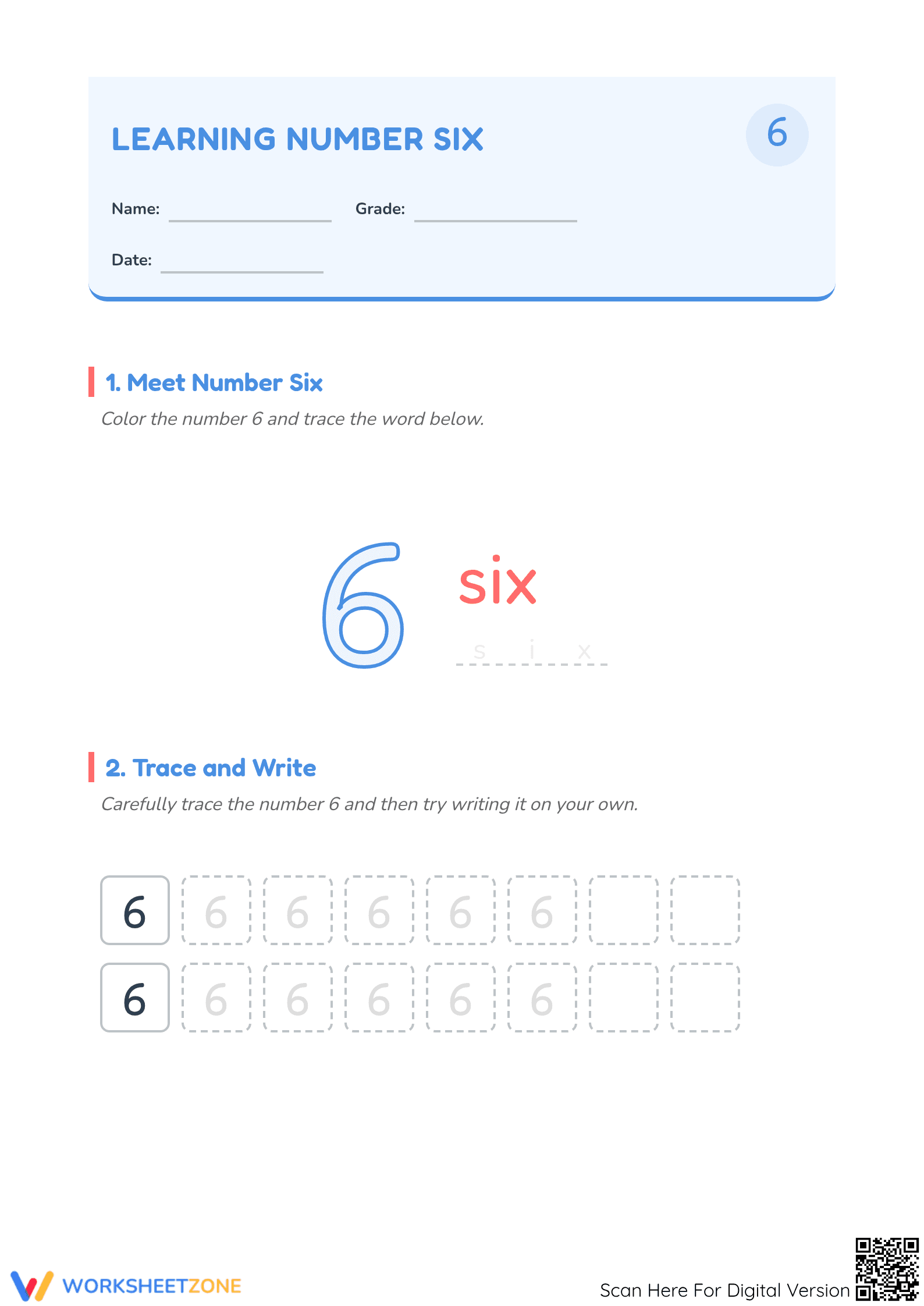 Number Six Worksheet | Essential Grade K-1 Math Printable - Page 1