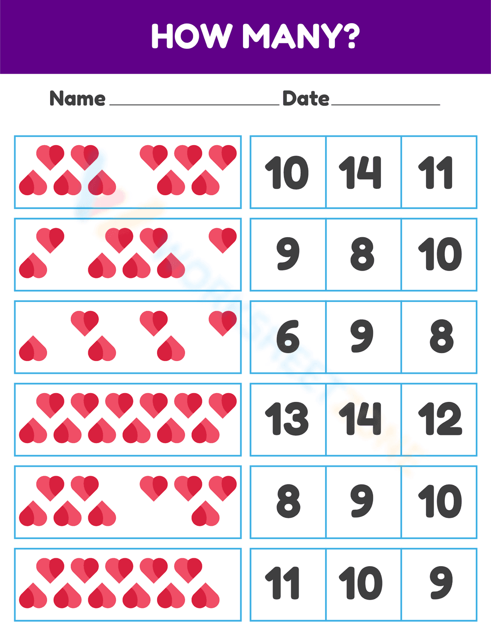 Printable Counting Hearts Worksheet | Grade K Math - Page 1