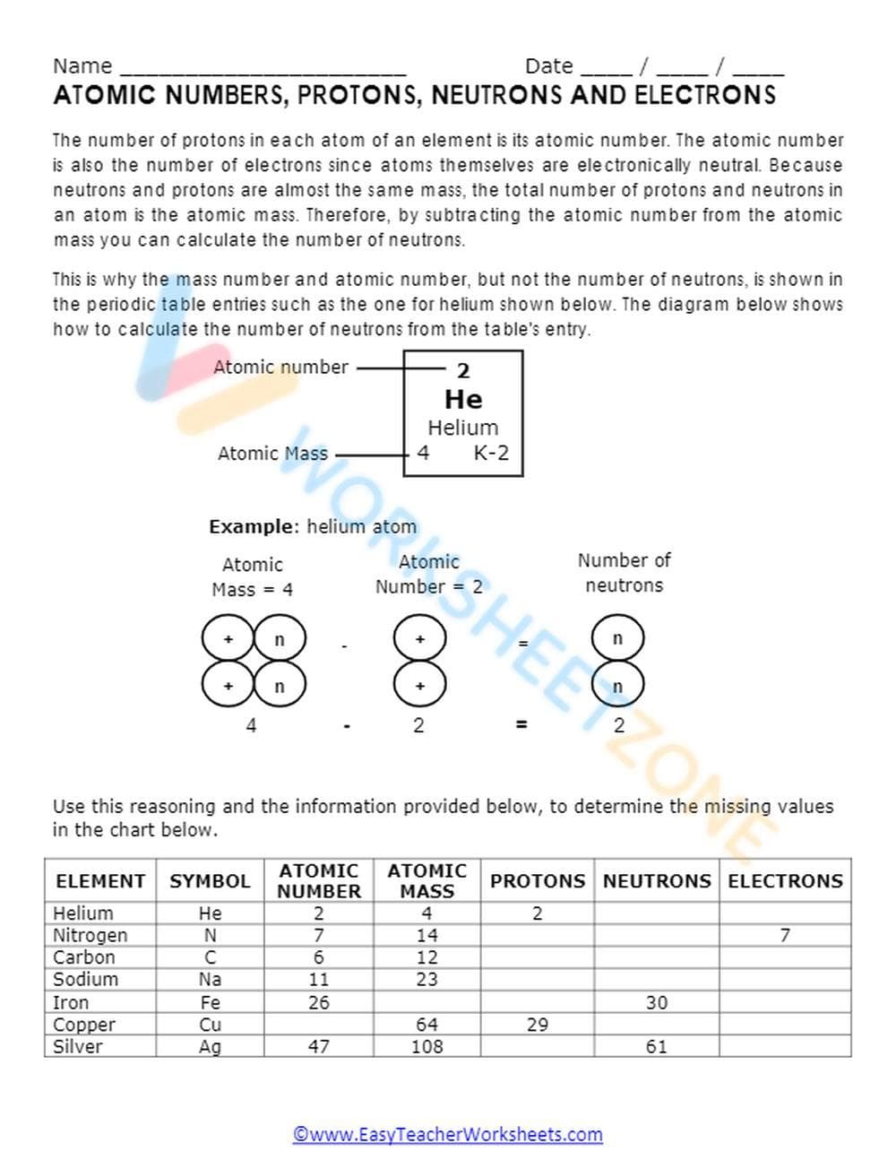 Grade 5 Atomic Structure — Printable No-Prep Worksheet - Page 1