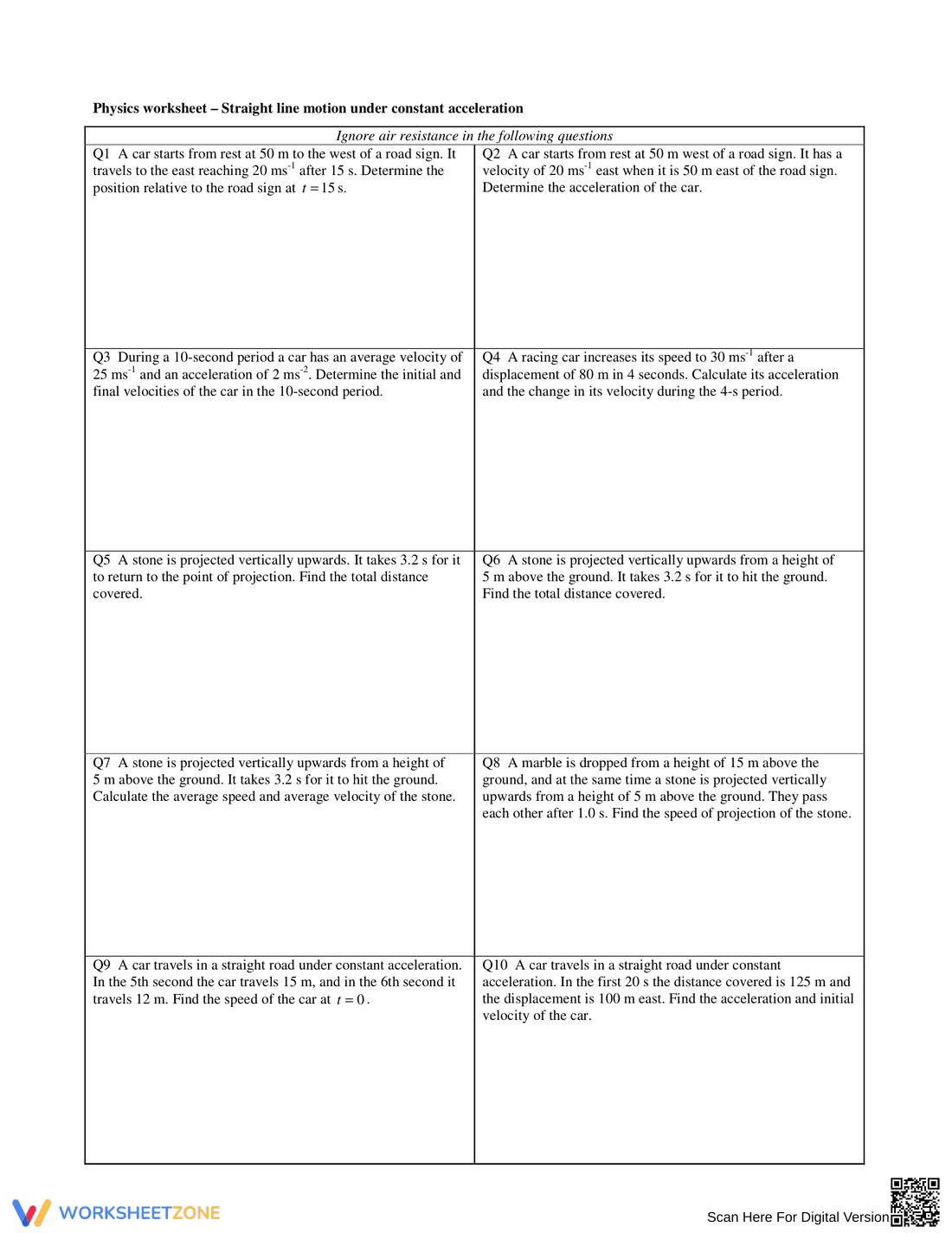 Printable Kinematics Worksheet | Grade 9-12 Physics - Page 1