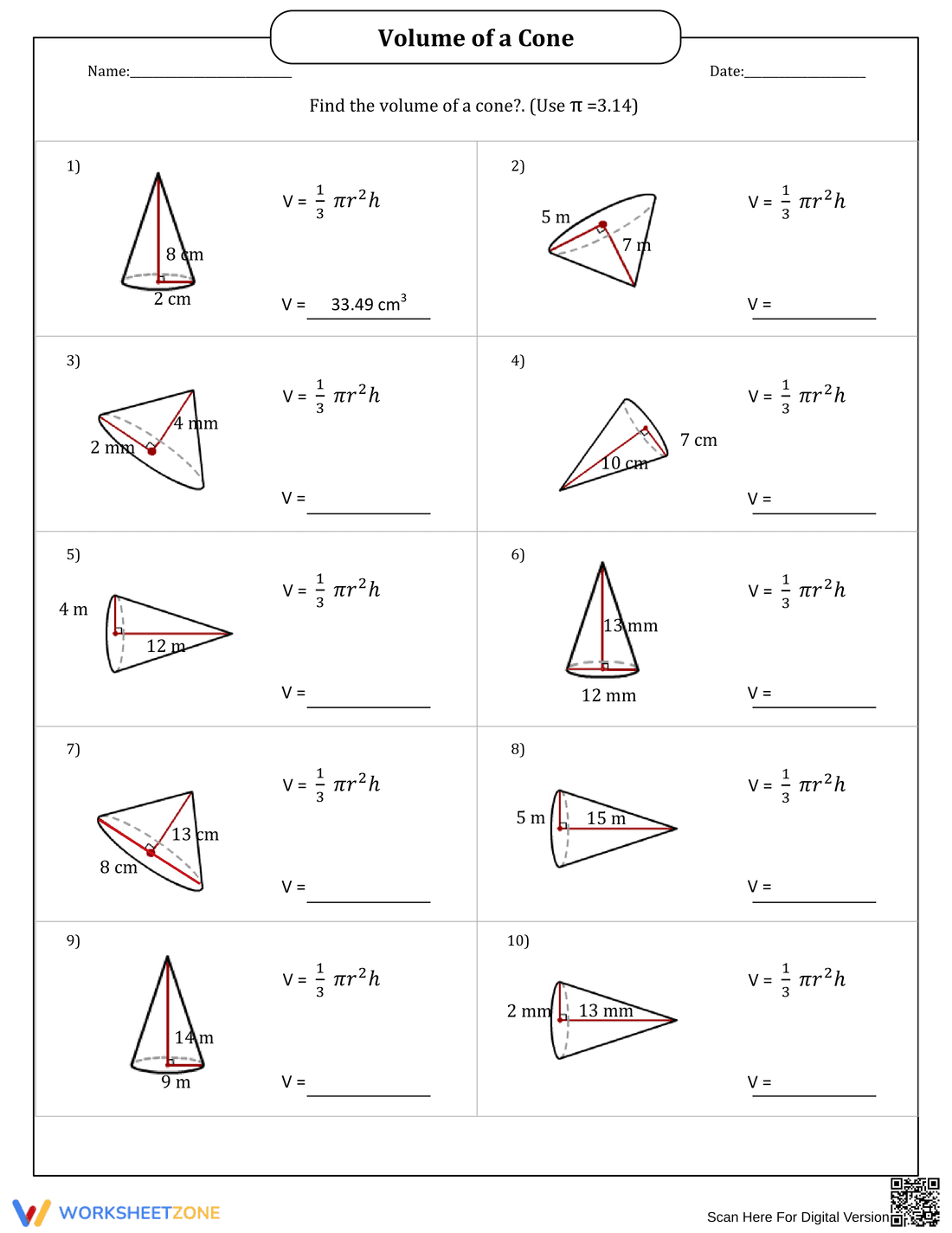 Calculating Volume of Cones Worksheet - Page 1